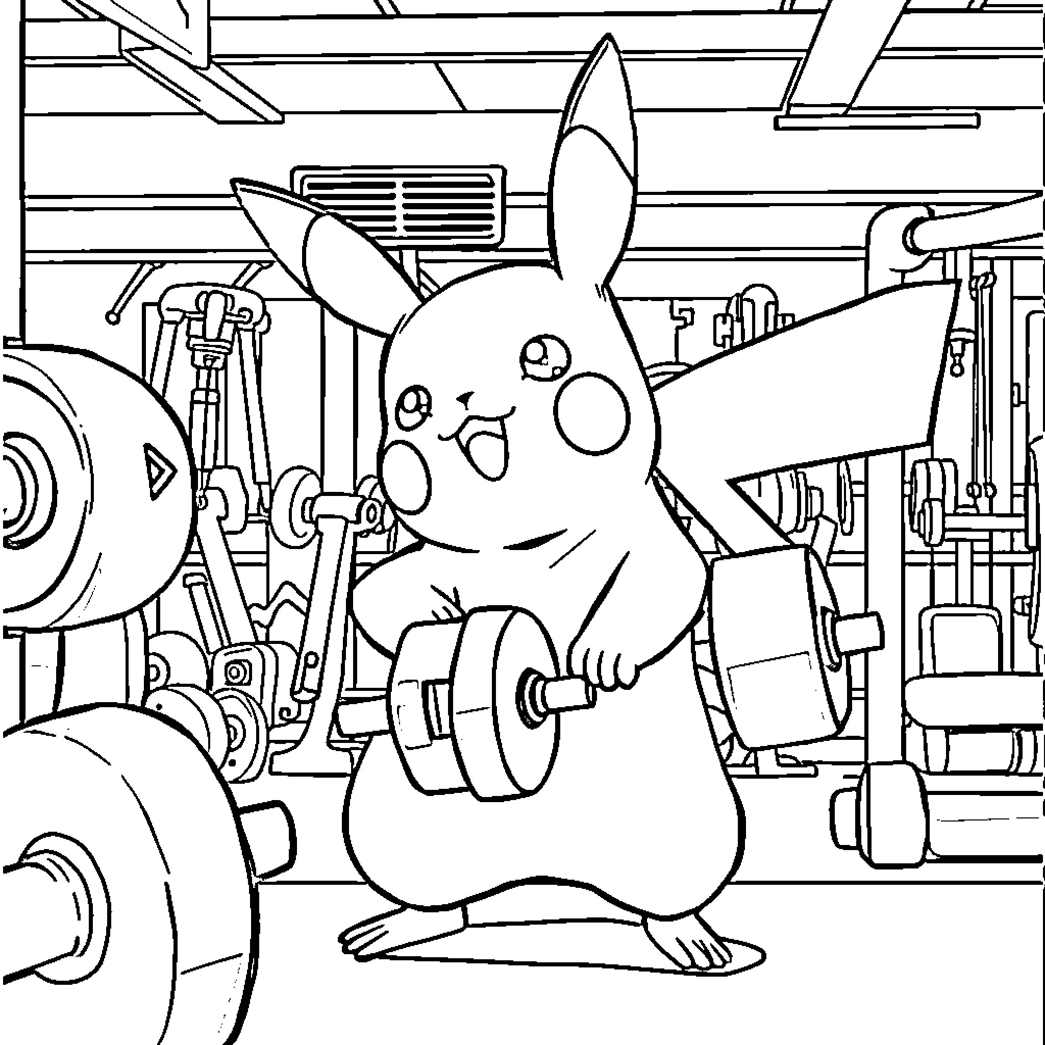 Pikachu in a Mechanical Workshop Coloring Page (free black-and-white line drawing printable PDF for all, from beginners to advanced learners, including children, teens, adults, and seniors)