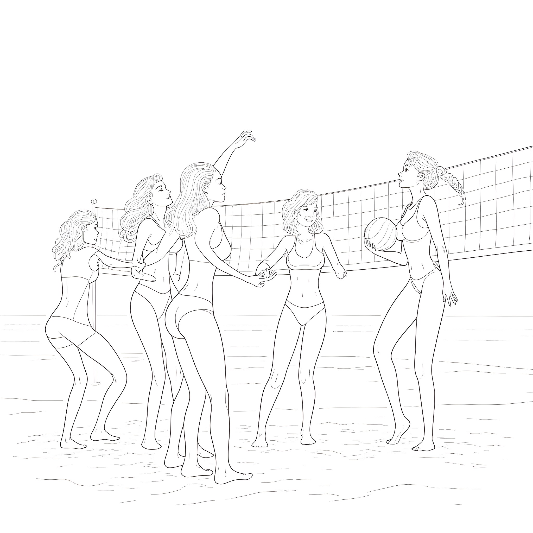 Girl volleyball team practicing on the court Coloring Page (free black-and-white line drawing printable PDF for all, from beginners to advanced learners, including children, teens, adults, and seniors)