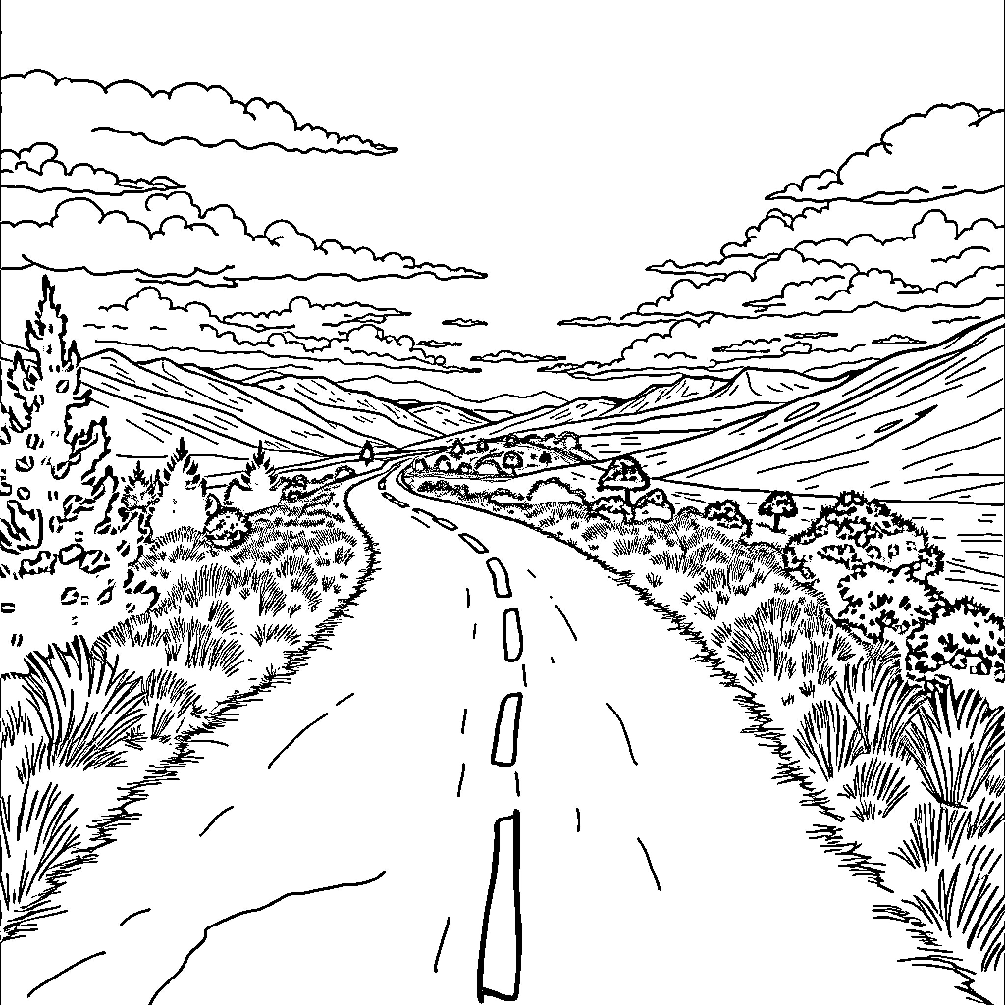 Dibujo of a winding road through a mountainous landscape Coloring Page (free black-and-white line drawing printable PDF for all, from beginners to advanced learners, including children, teens, adults, and seniors)