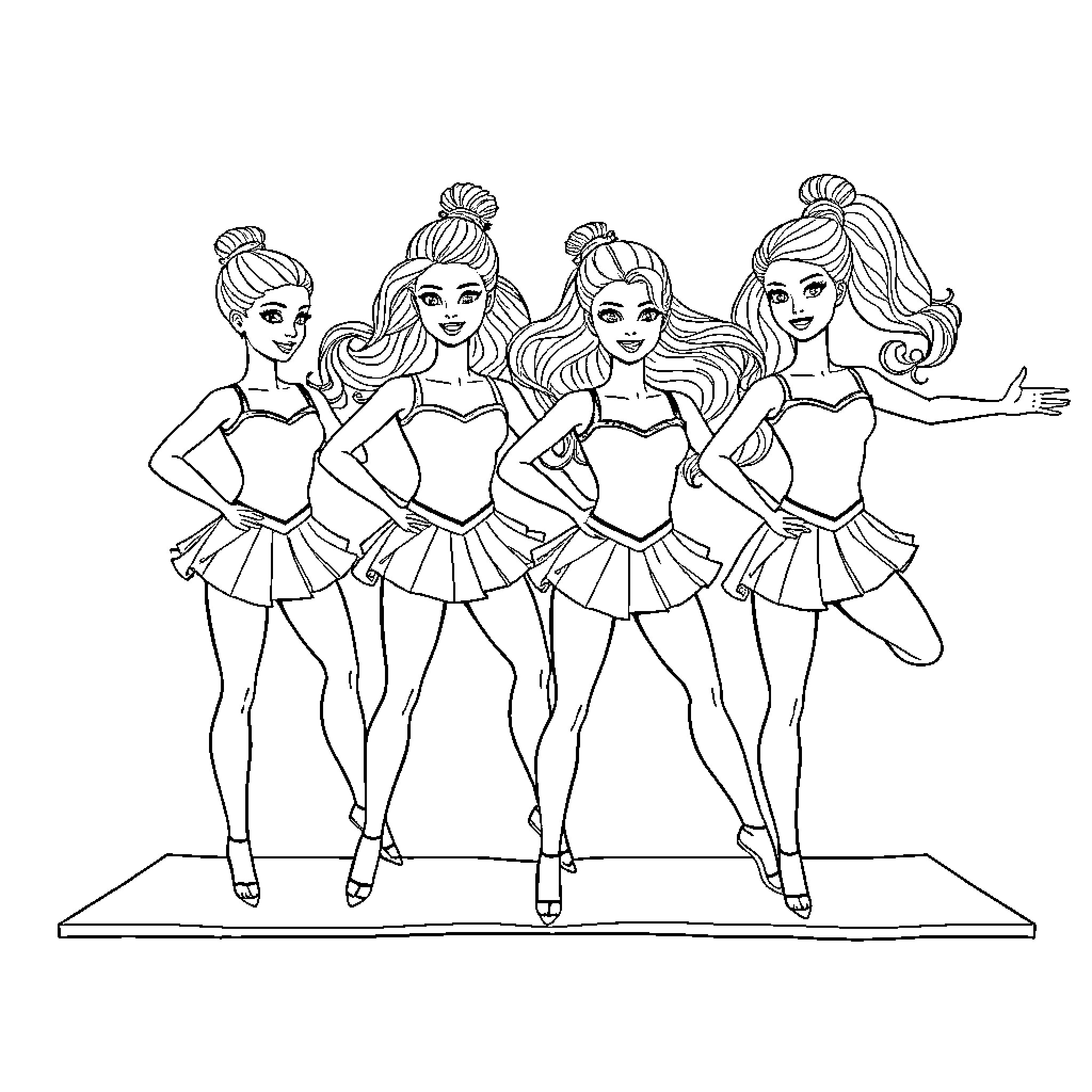 Barbie Dolls Dancing in Colorful Outfits Coloring Page (free black-and-white line drawing printable PDF for all, from beginners to advanced learners, including children, teens, adults, and seniors)