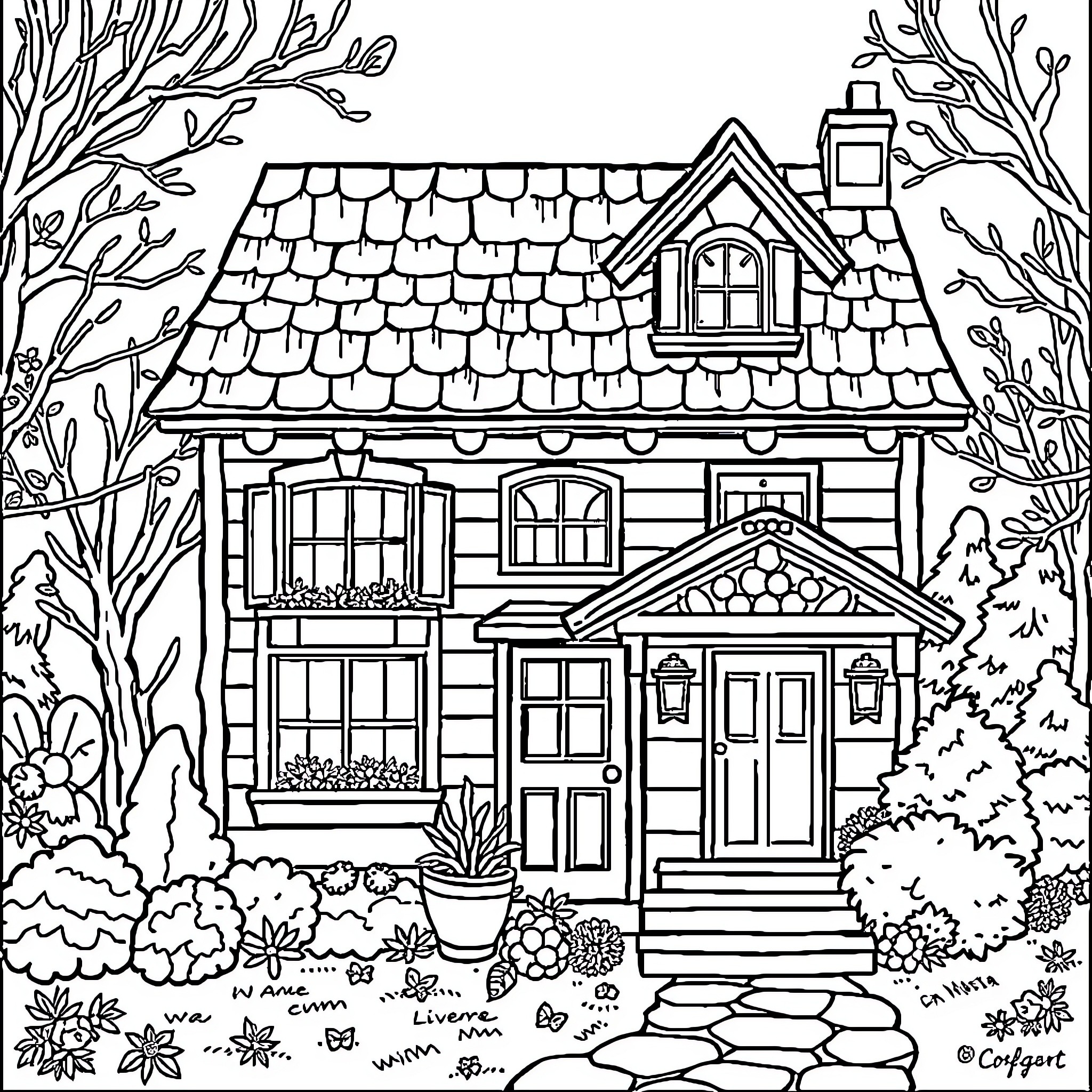 House with Quaint Charm and Cozy Details Coloring Page (free black-and-white line drawing printable PDF for all, from beginners to advanced learners, including children, teens, adults, and seniors)