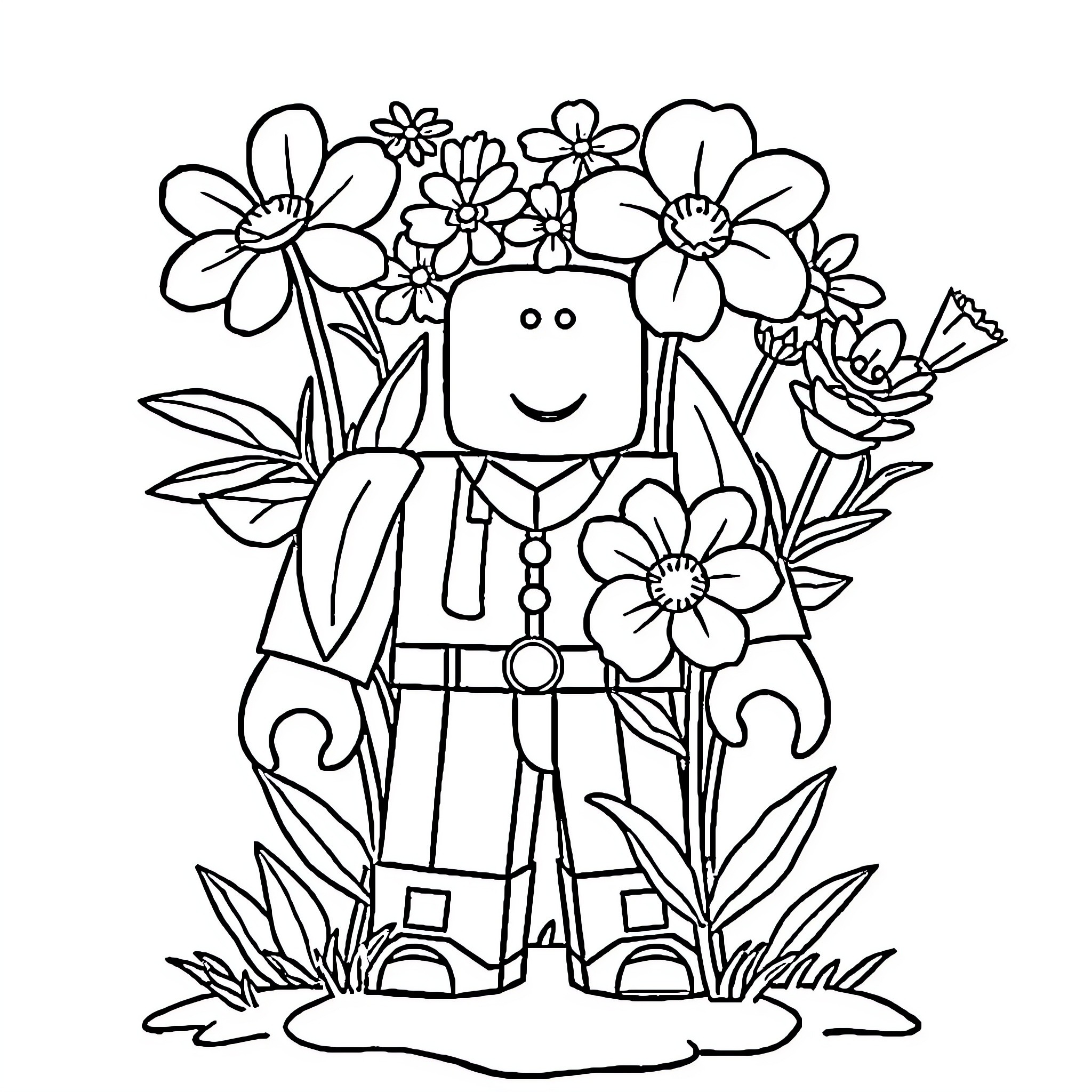Roblox character surrounded by colorful flowers Coloring Page (free black-and-white line drawing printable PDF for all, from beginners to advanced learners, including children, teens, adults, and seniors)