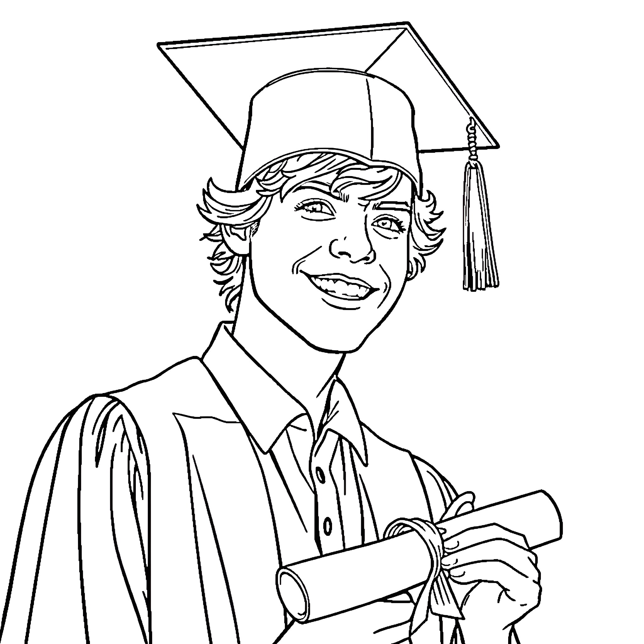 Harry Styles Celebrating Graduation Success Coloring Page (free black-and-white line drawing printable PDF for all, from beginners to advanced learners, including children, teens, adults, and seniors)