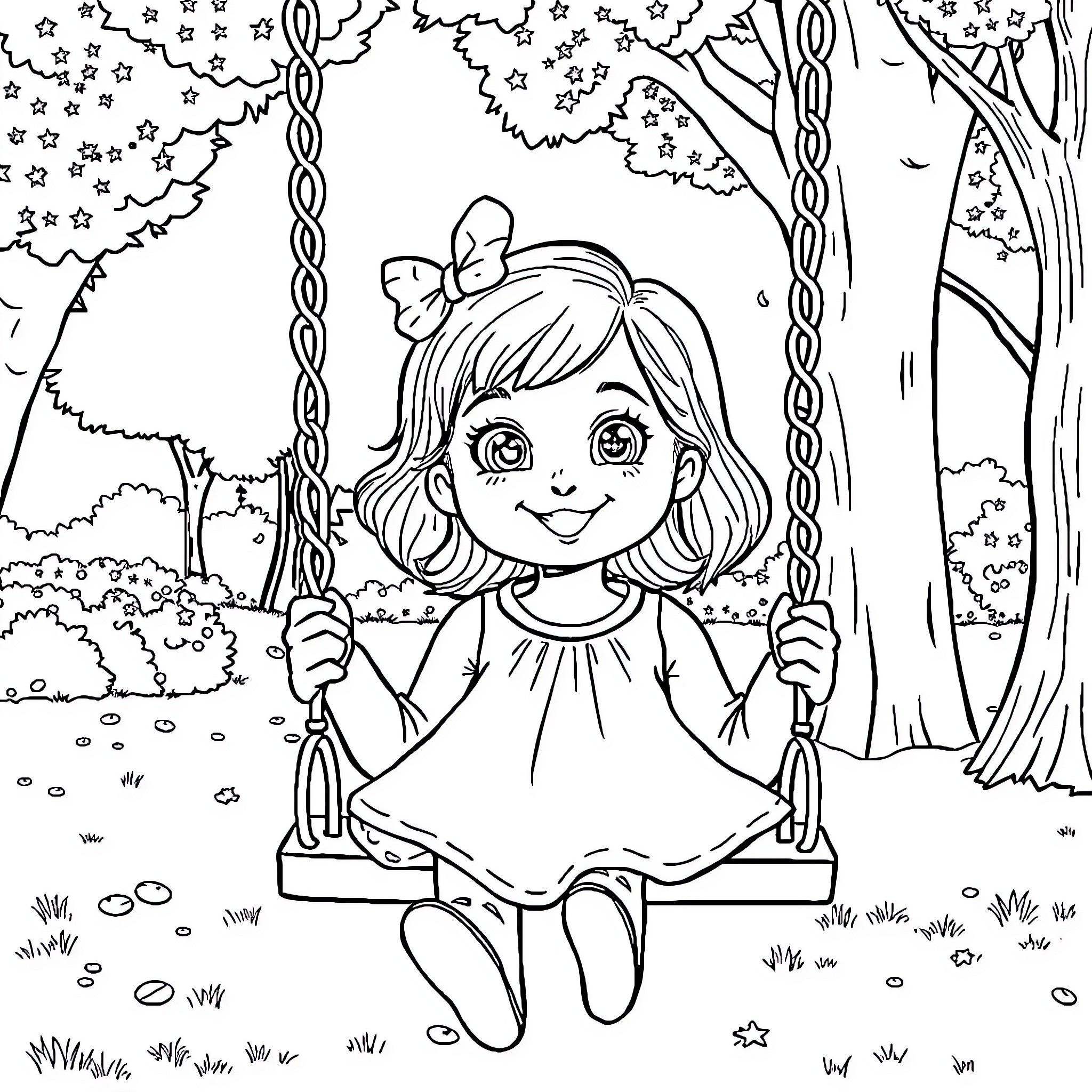 Sophia swinging on a rope in the forest Coloring Page (free black-and-white line drawing printable PDF for all, from beginners to advanced learners, including children, teens, adults, and seniors)