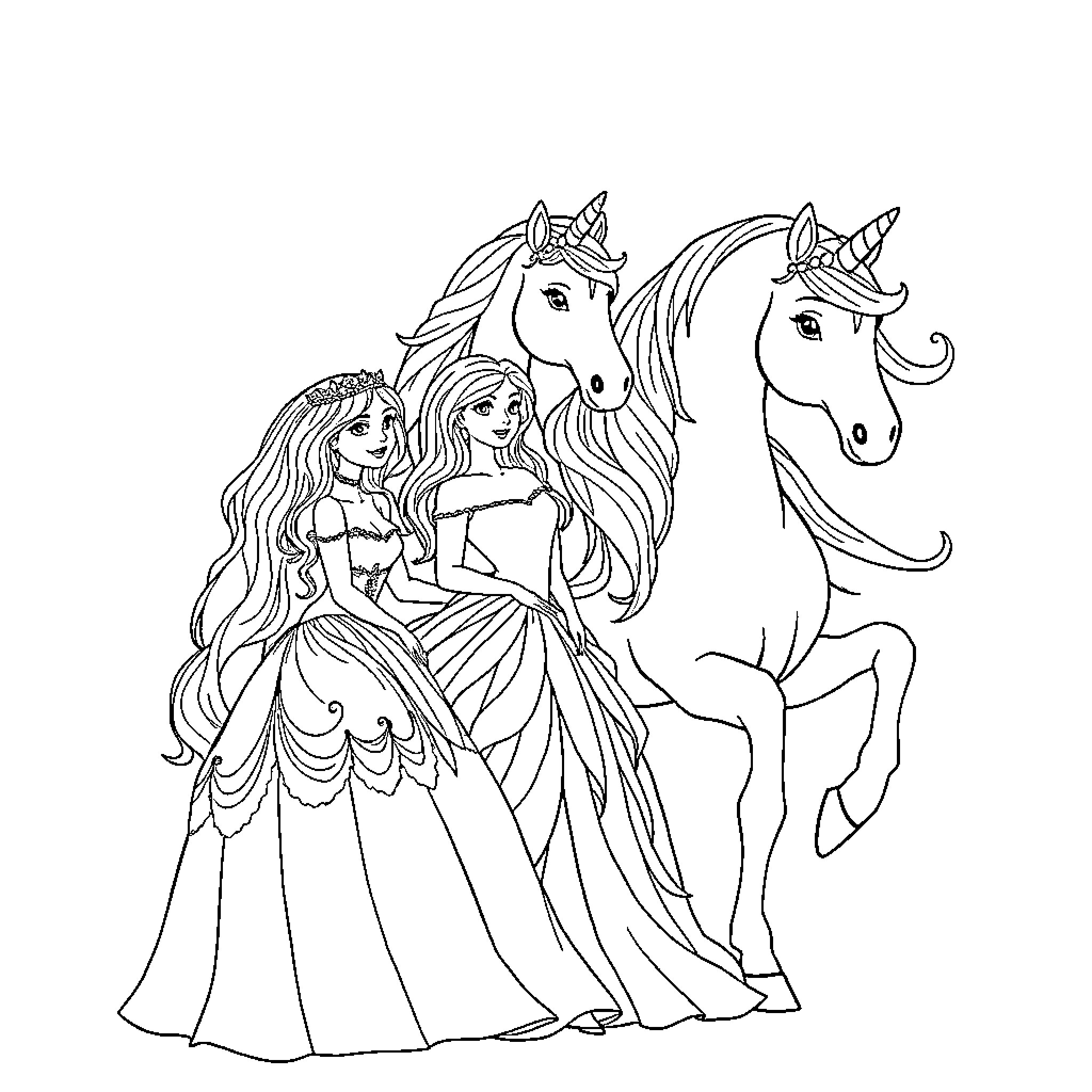 Princess Sisters Admiring Majestic Unicorn Coloring Page (free black-and-white line drawing printable PDF for all, from beginners to advanced learners, including children, teens, adults, and seniors)