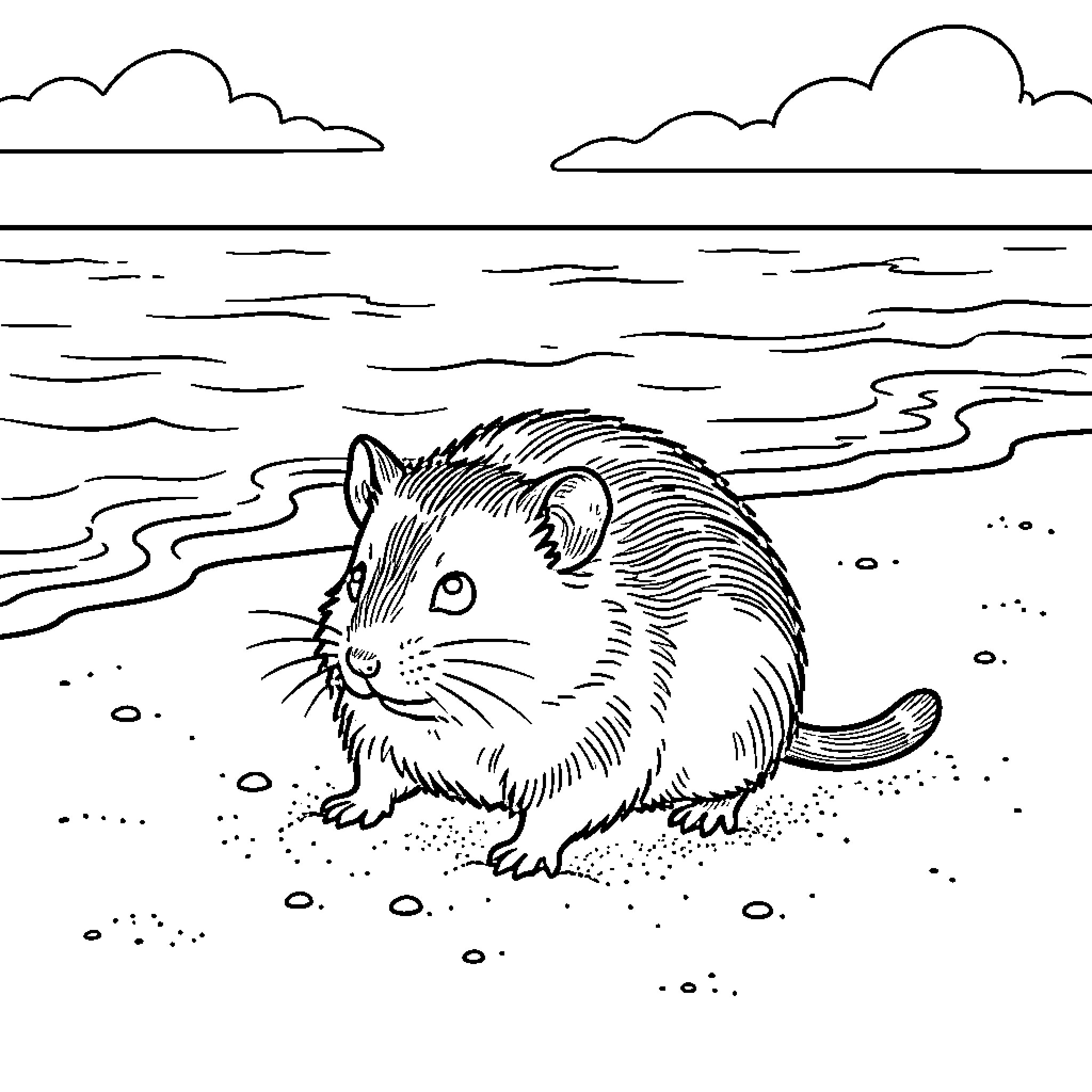 Hamster sitting calmly on a sandy beach Coloring Page (free black-and-white line drawing printable PDF for all, from beginners to advanced learners, including children, teens, adults, and seniors)