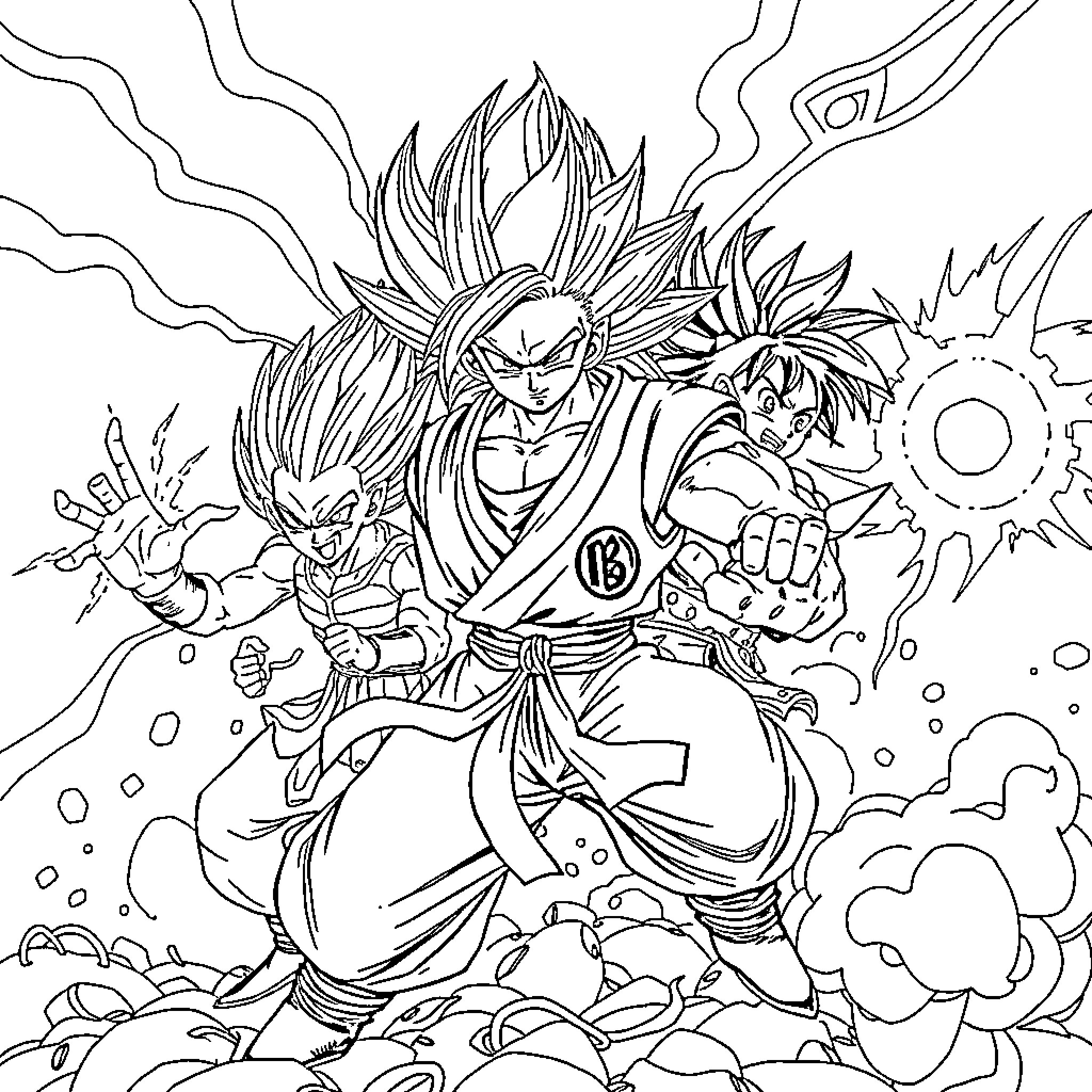 Dragonball Warriors in Fierce Battle Coloring Page (free black-and-white line drawing printable PDF for all, from beginners to advanced learners, including children, teens, adults, and seniors)