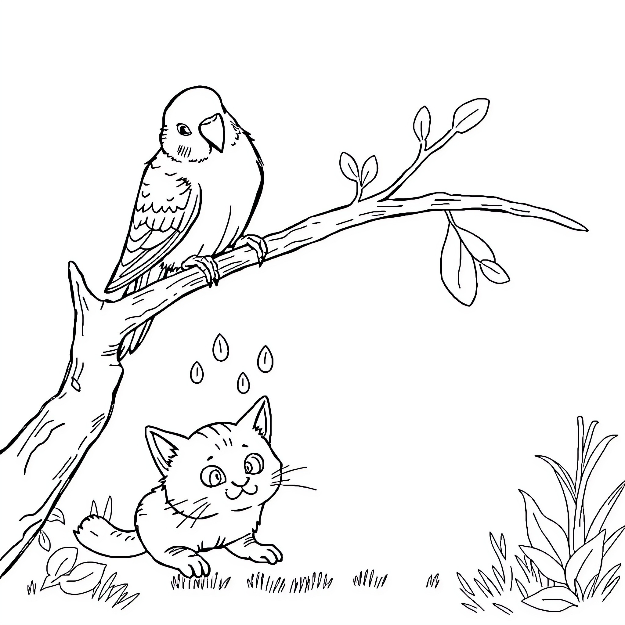 Parakeet perched on branch with curious cat Coloring Page (free black-and-white line drawing printable PDF for all, from beginners to advanced learners, including children, teens, adults, and seniors)