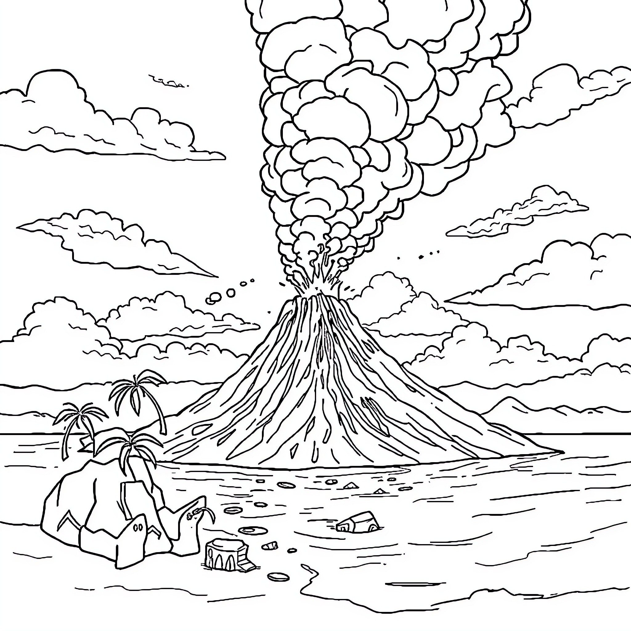 Volcano erupting dramatically in tropical landscape Coloring Page (free black-and-white line drawing printable PDF for all, from beginners to advanced learners, including children, teens, adults, and seniors)