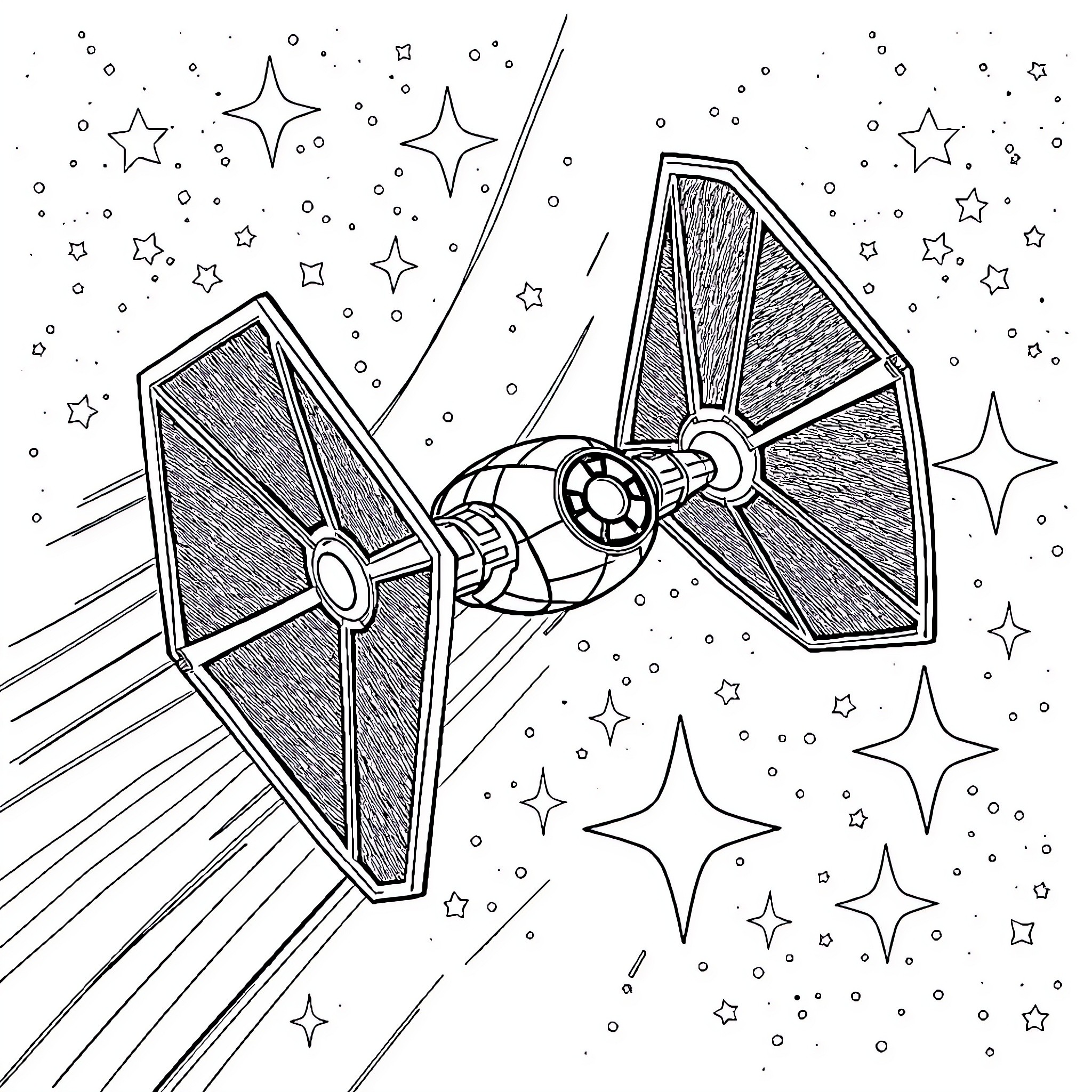Tie Fighter Blasting Through the Starry Sky Coloring Page (free black-and-white line drawing printable PDF for all, from beginners to advanced learners, including children, teens, adults, and seniors)