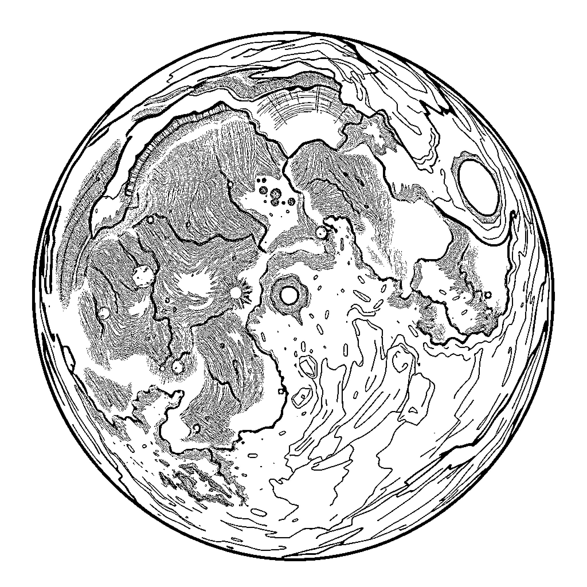 Moon captured in intricate line art Coloring Page (free black-and-white line drawing printable PDF for all, from beginners to advanced learners, including children, teens, adults, and seniors)