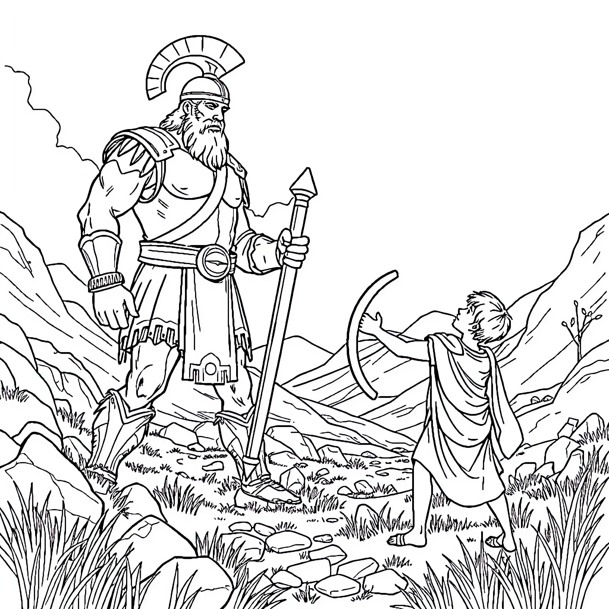 David and Goliath: Confrontation between the shepherd and the giant warrior Coloring Page (free black-and-white line drawing printable PDF for all, from beginners to advanced learners, including children, teens, adults, and seniors)