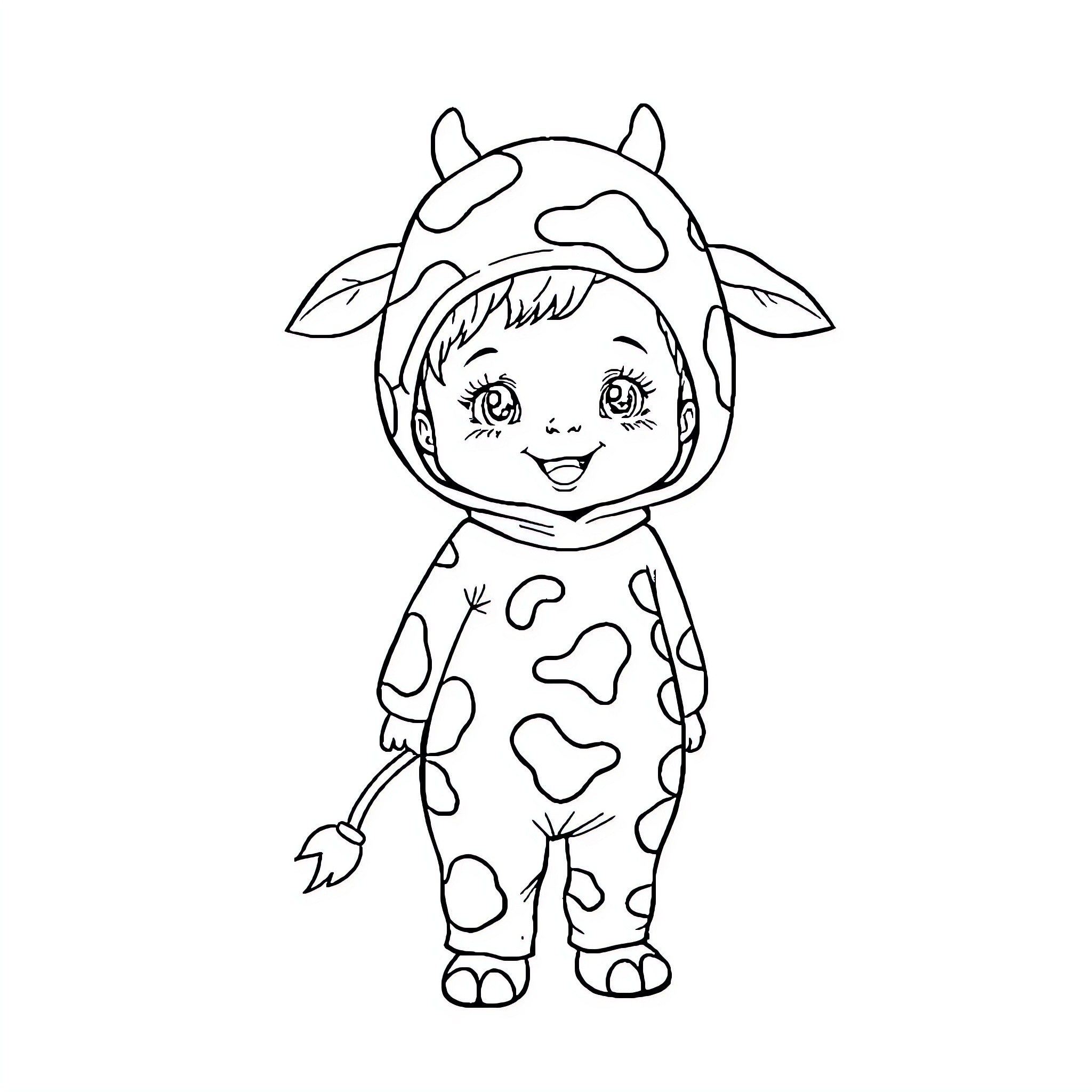 Baby Girl Dressed as Adorable Cow Costume Coloring Page (free black-and-white line drawing printable PDF for all, from beginners to advanced learners, including children, teens, adults, and seniors)