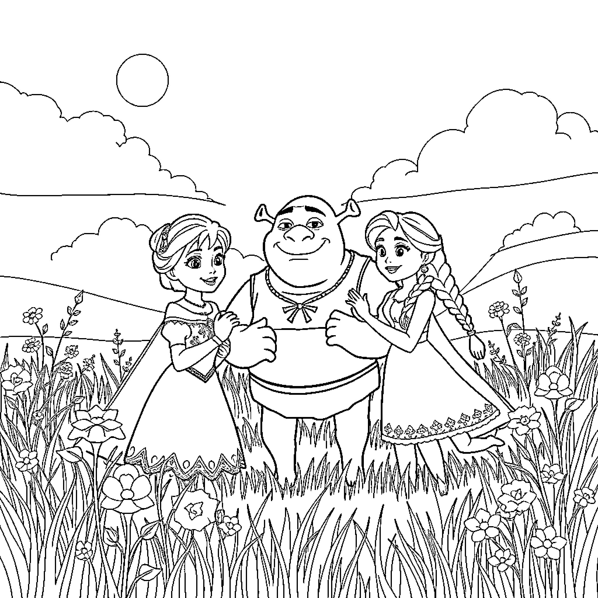 Anna and Elsa having a friendly picnic with Shrek Coloring Page (free black-and-white line drawing printable PDF for all, from beginners to advanced learners, including children, teens, adults, and seniors)