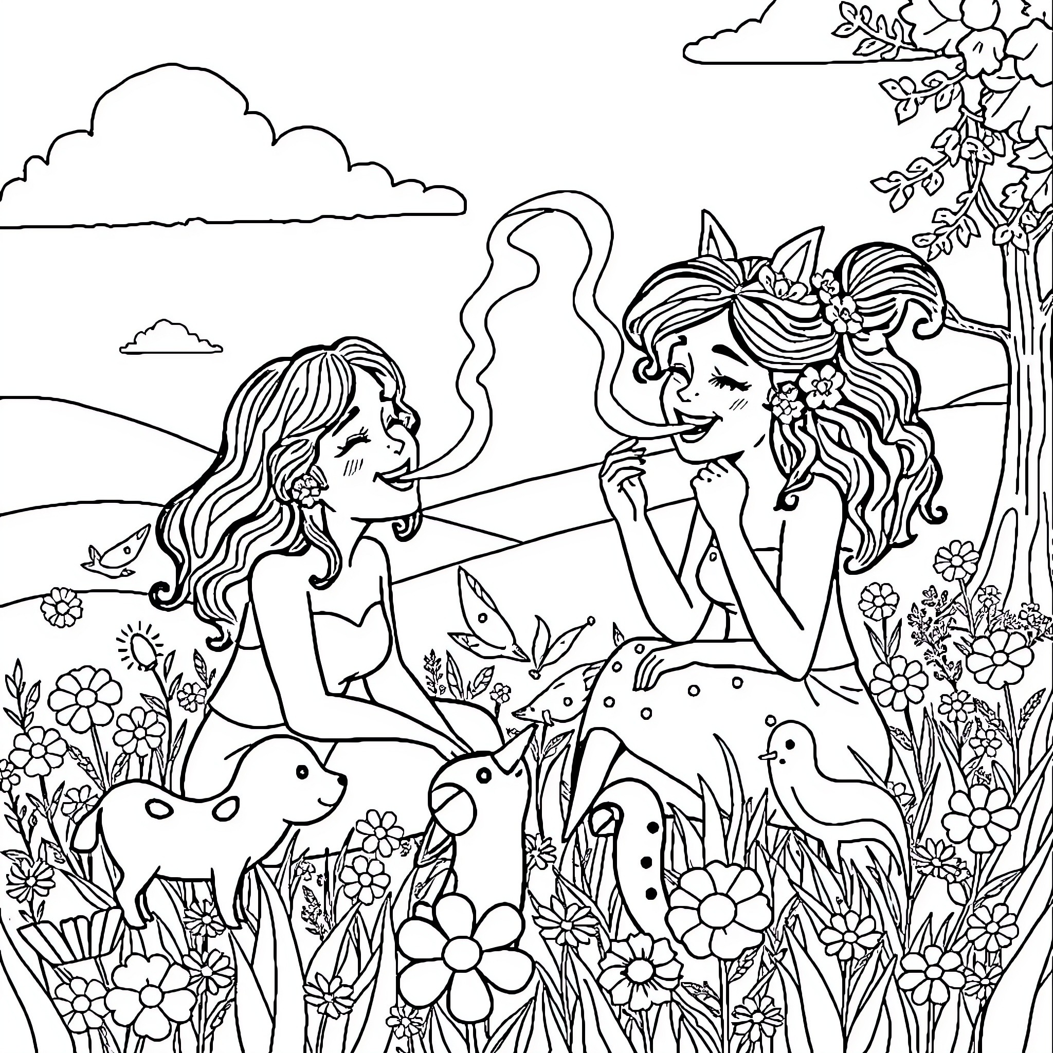 Girls having a friendly conversation in nature Coloring Page (free black-and-white line drawing printable PDF for all, from beginners to advanced learners, including children, teens, adults, and seniors)