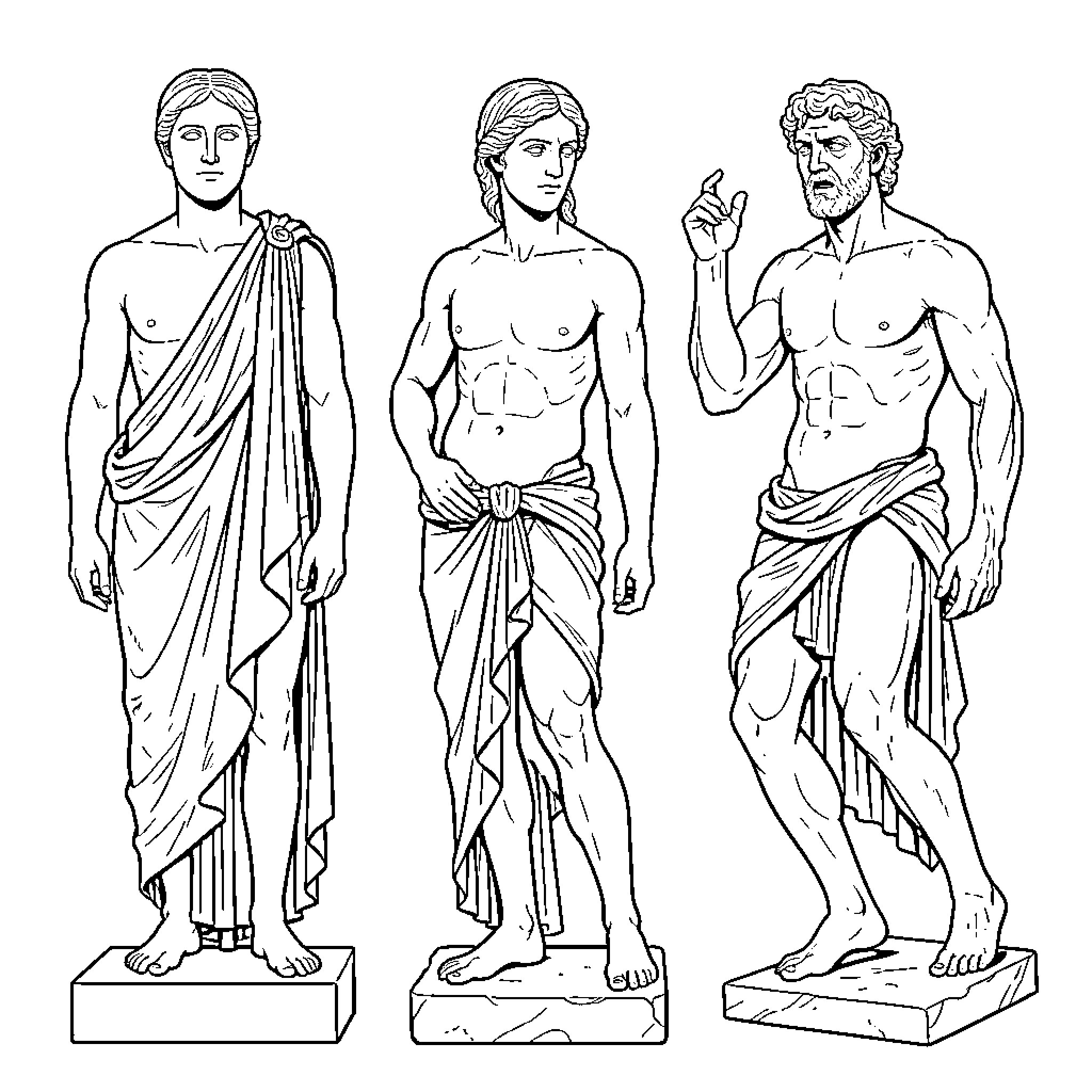 Greek Sculpture of three figures in draped garments Coloring Page (free black-and-white line drawing printable PDF for all, from beginners to advanced learners, including children, teens, adults, and seniors)