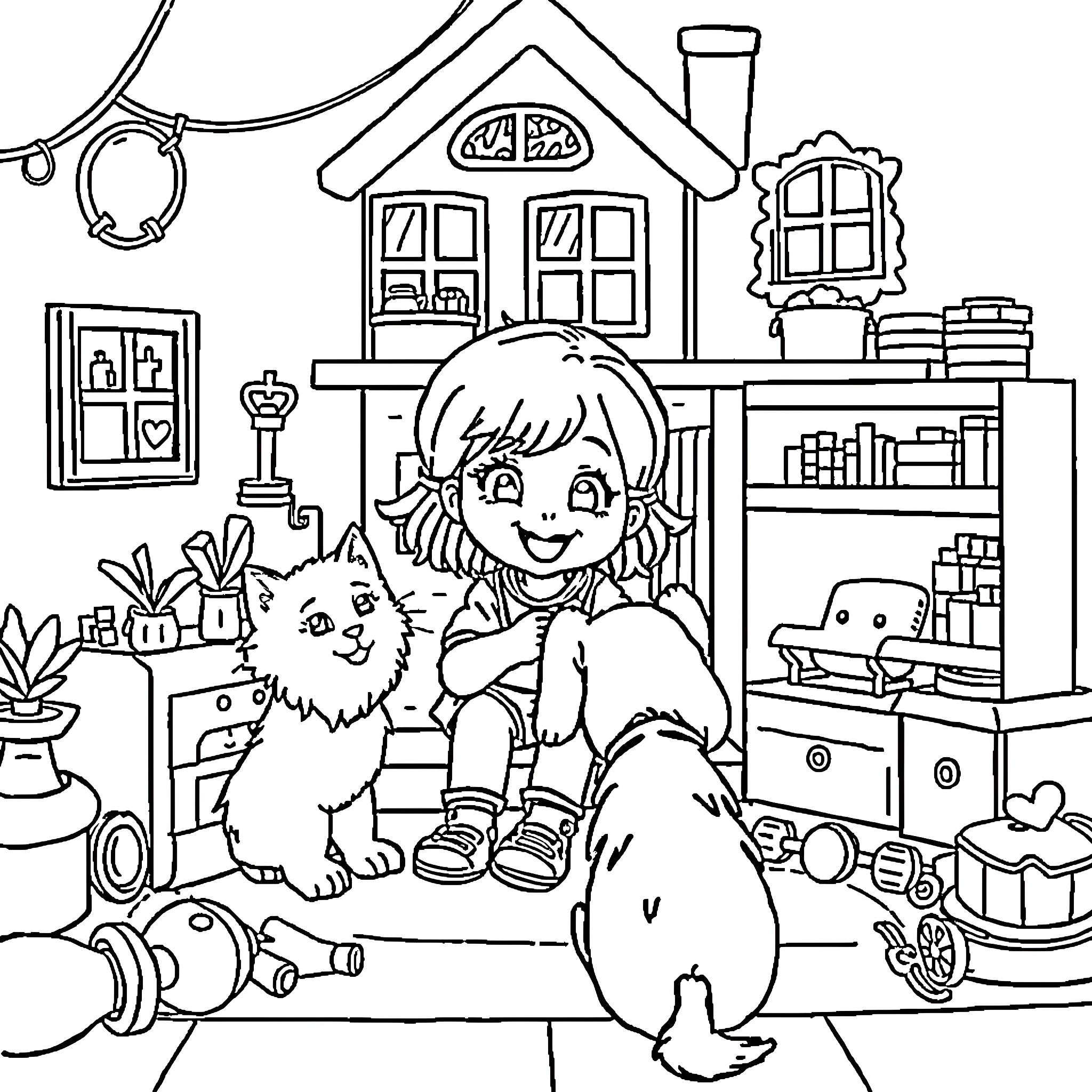 Dollhouse Scene with Girl and Pet Coloring Page (free black-and-white line drawing printable PDF for all, from beginners to advanced learners, including children, teens, adults, and seniors)