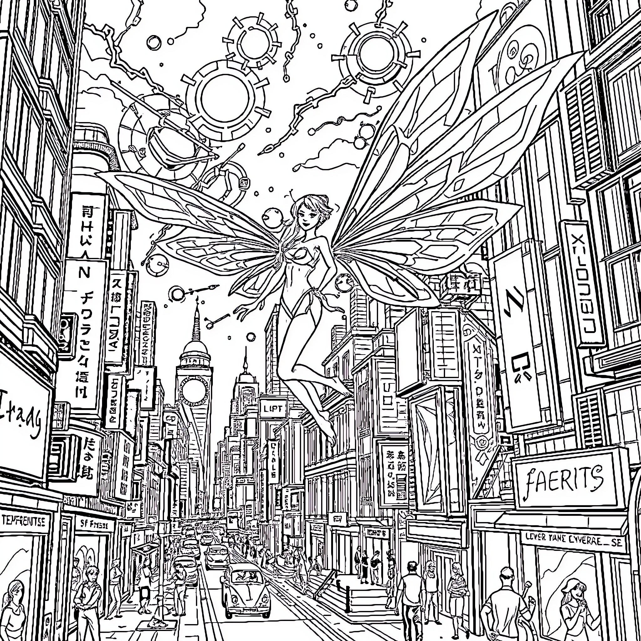 Fairy Soaring Over the Bustling City Coloring Page (free black-and-white line drawing printable PDF for all, from beginners to advanced learners, including children, teens, adults, and seniors)