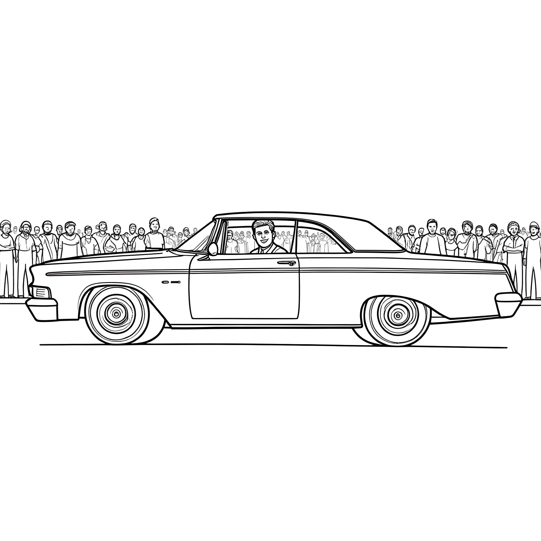 JFK riding in classic car with crowd Coloring Page (free black-and-white line drawing printable PDF for all, from beginners to advanced learners, including children, teens, adults, and seniors)