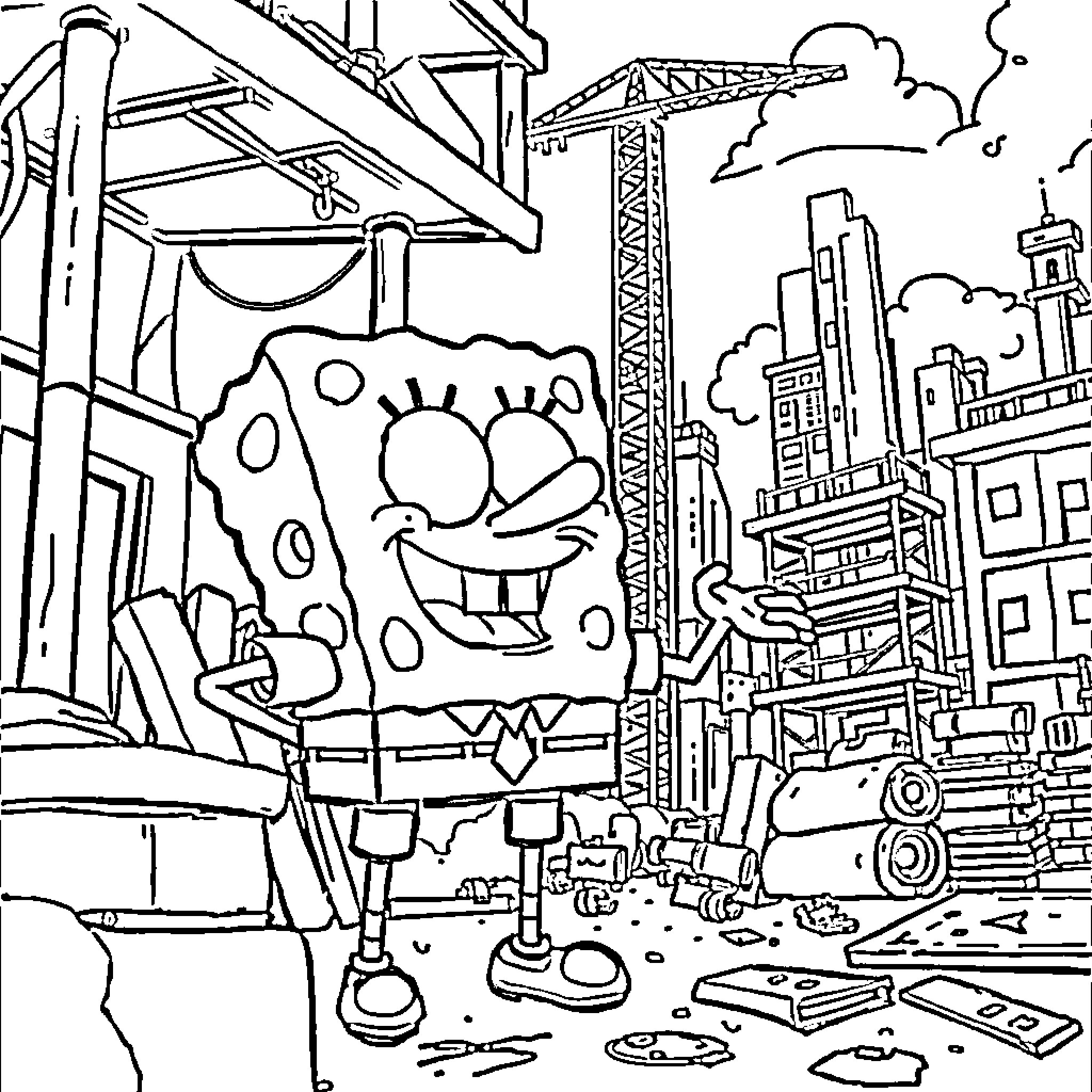 Spongebob in a construction site Coloring Page (free black-and-white line drawing printable PDF for all, from beginners to advanced learners, including children, teens, adults, and seniors)