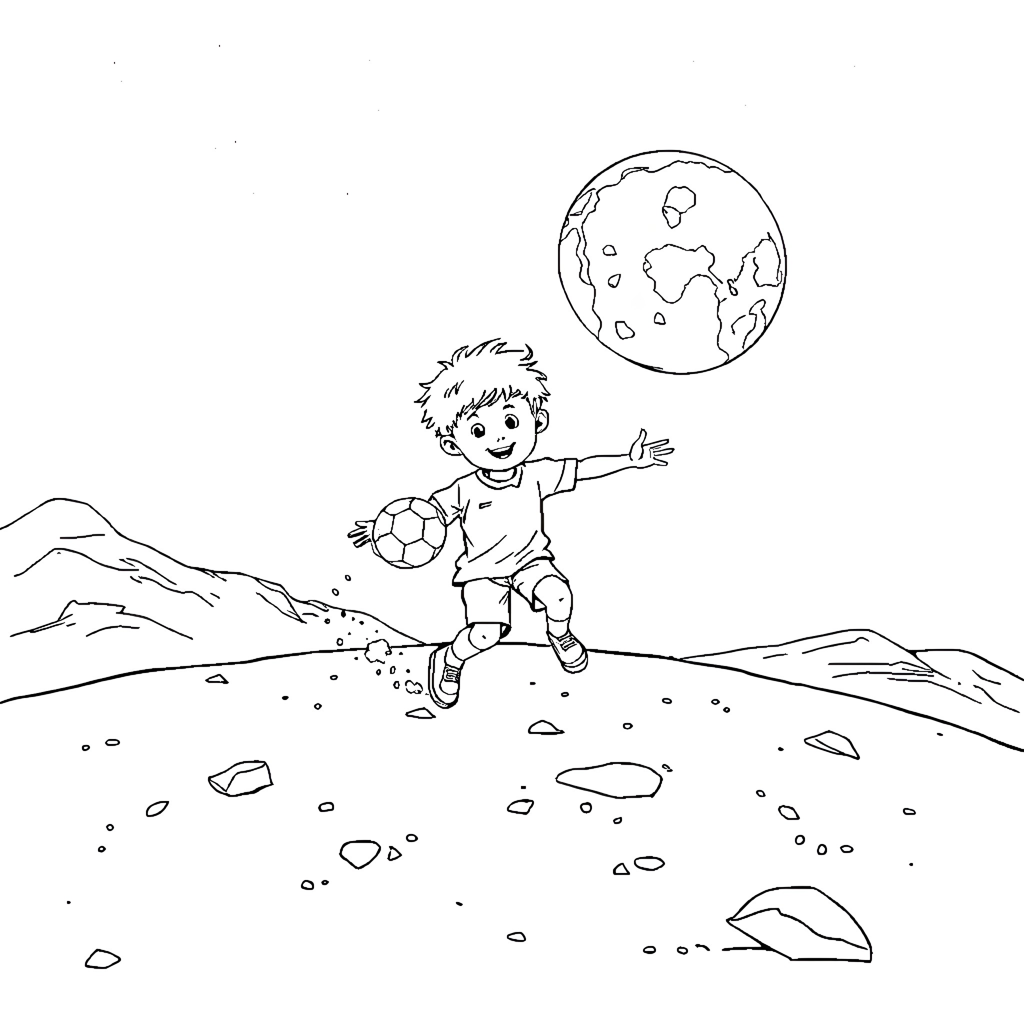 Boy playing with soccer ball in the outdoors Coloring Page (free black-and-white line drawing printable PDF for all, from beginners to advanced learners, including children, teens, adults, and seniors)
