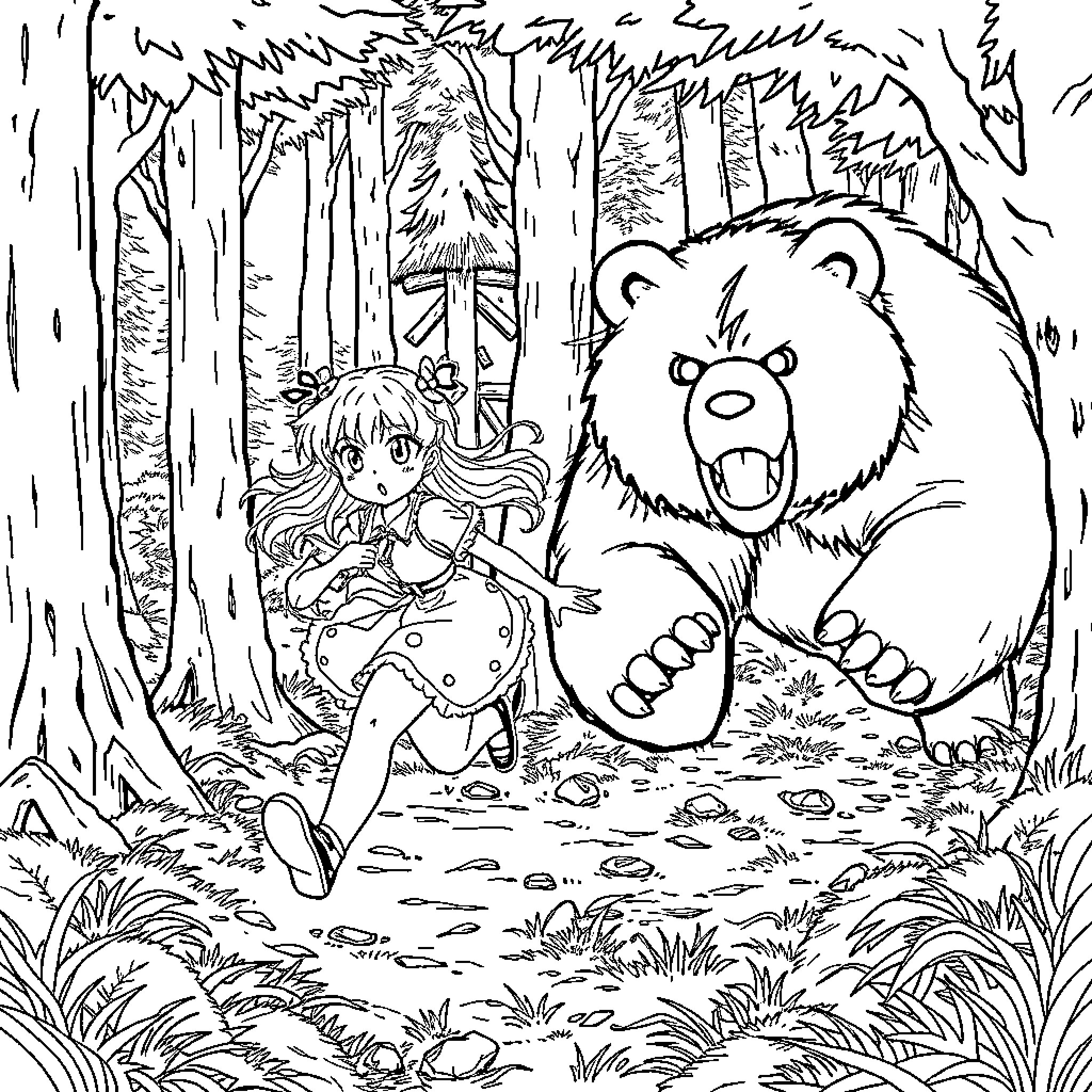 Reimu encounters a giant bear in the forest Coloring Page (free black-and-white line drawing printable PDF for all, from beginners to advanced learners, including children, teens, adults, and seniors)