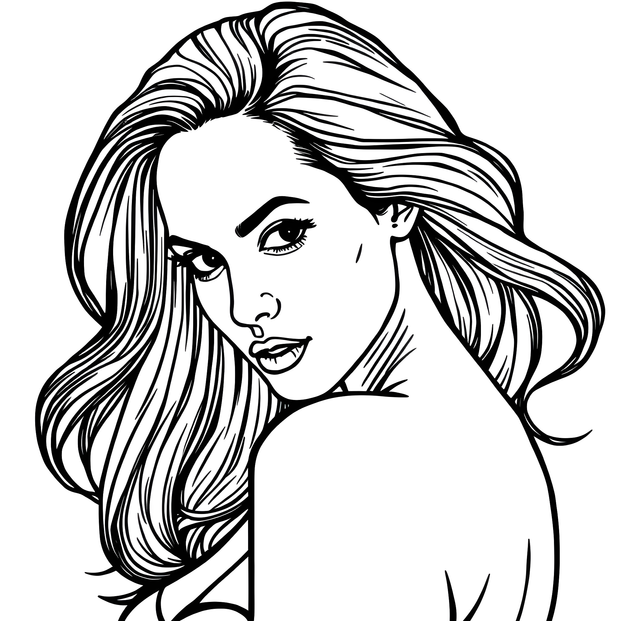 Angelina Jolie Glamorous Portrait with Flowing Hair Coloring Page (free black-and-white line drawing printable PDF for all, from beginners to advanced learners, including children, teens, adults, and seniors)