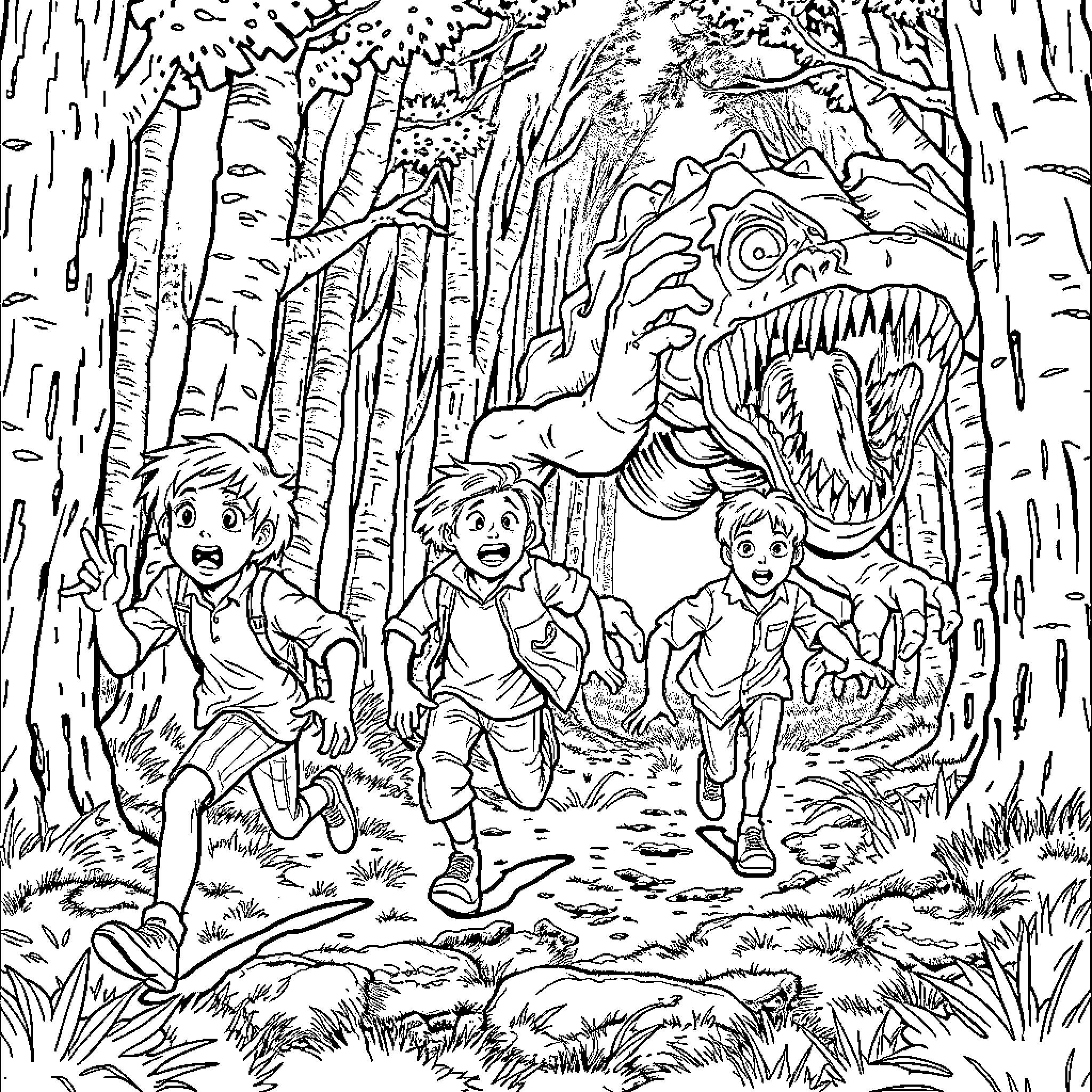 Demogorgon chasing children through the mysterious forest Coloring Page (free black-and-white line drawing printable PDF for all, from beginners to advanced learners, including children, teens, adults, and seniors)