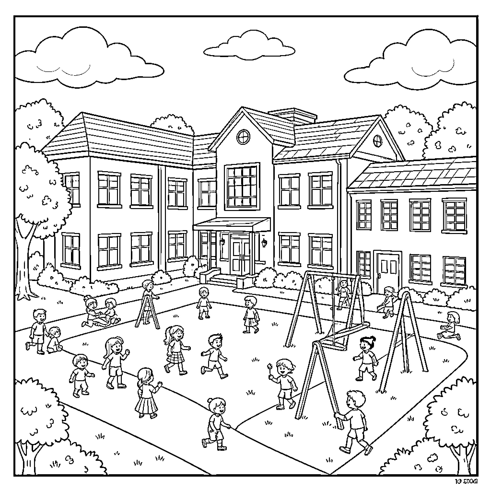 School children playing at recess on the playground Coloring Page (free black-and-white line drawing printable PDF for all, from beginners to advanced learners, including children, teens, adults, and seniors)