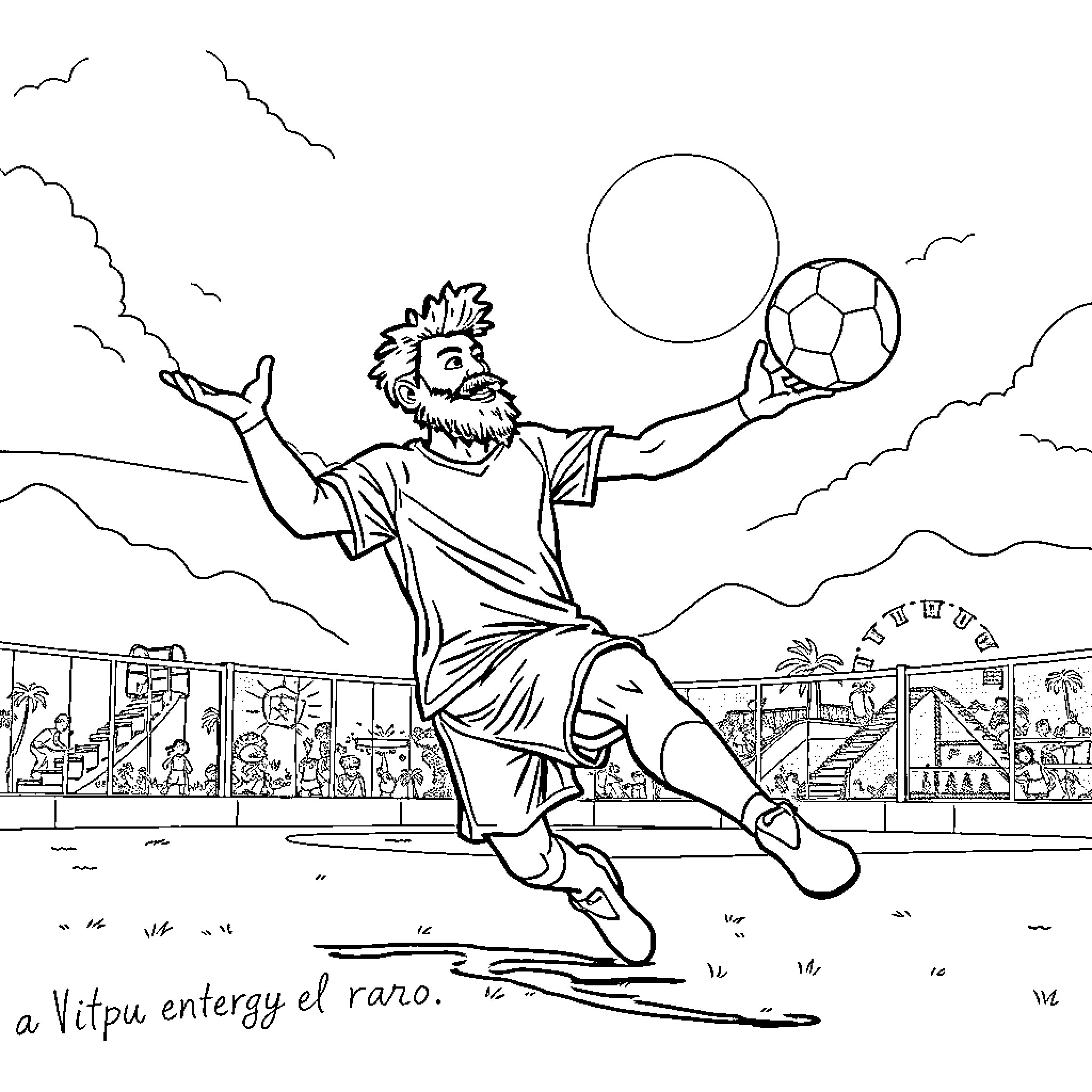 Rumi playing soccer with a giant ball on the field Coloring Page (free black-and-white line drawing printable PDF for all, from beginners to advanced learners, including children, teens, adults, and seniors)