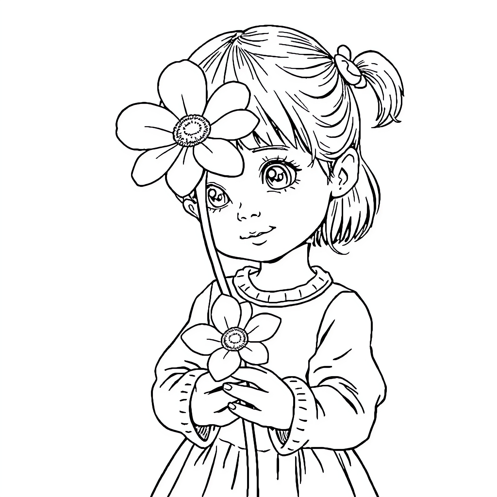 Girl with Flowers in Her Hair Coloring Page (free black-and-white line drawing printable PDF for all, from beginners to advanced learners, including children, teens, adults, and seniors)
