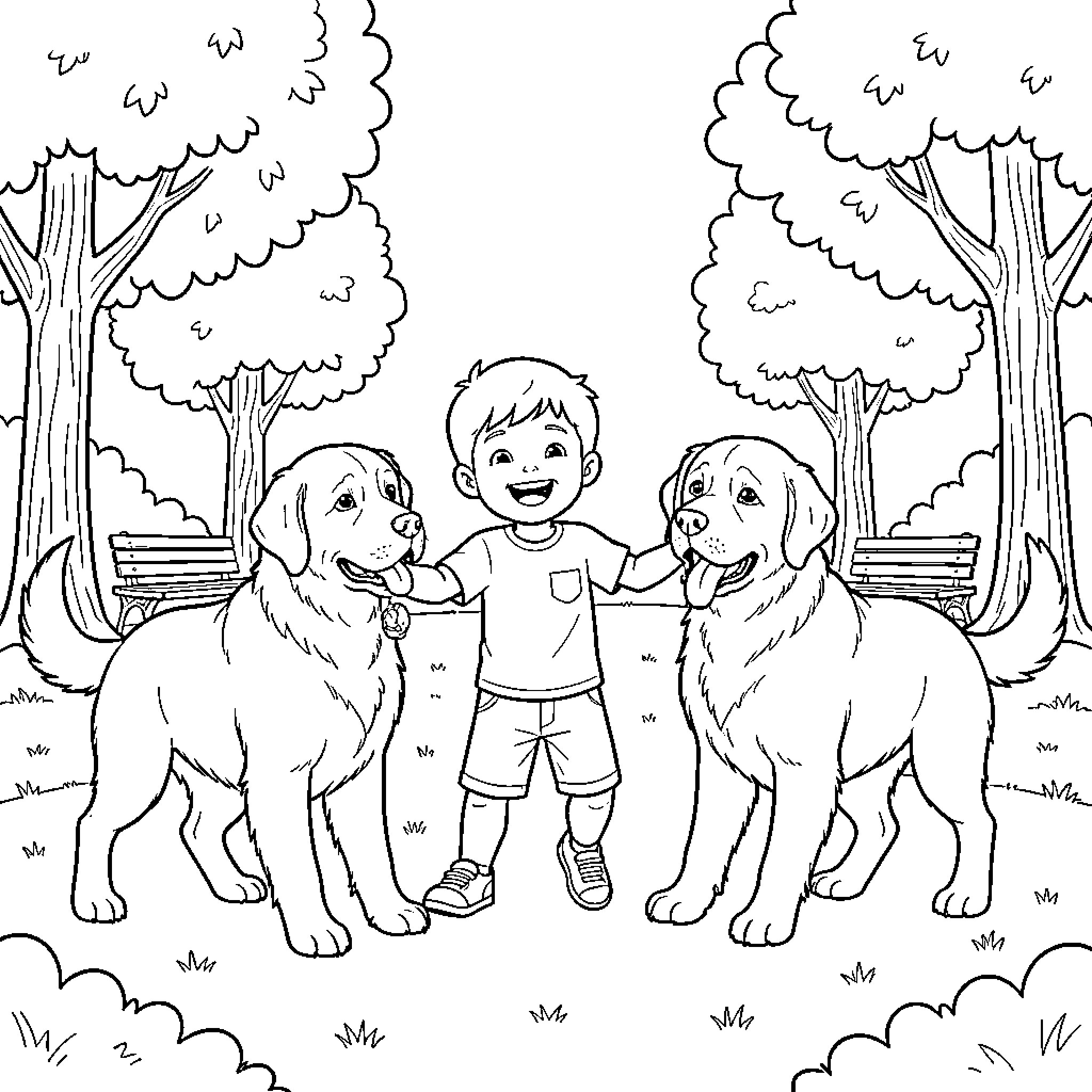 Garçon playing happily with his loyal companions Coloring Page (free black-and-white line drawing printable PDF for all, from beginners to advanced learners, including children, teens, adults, and seniors)
