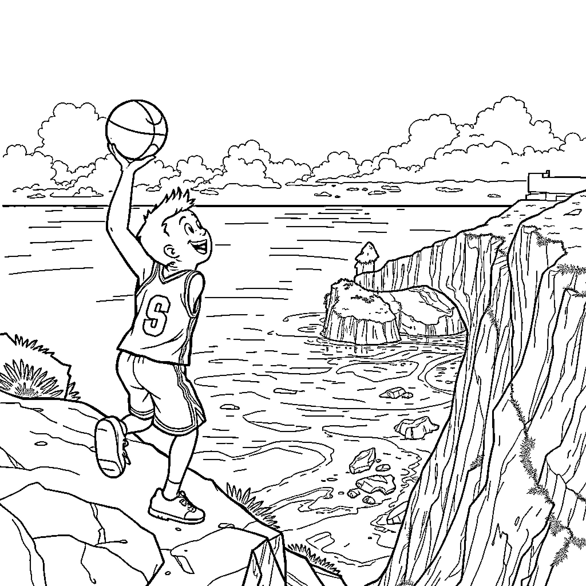 Bluey playing basketball in the great outdoors Coloring Page (free black-and-white line drawing printable PDF for all, from beginners to advanced learners, including children, teens, adults, and seniors)