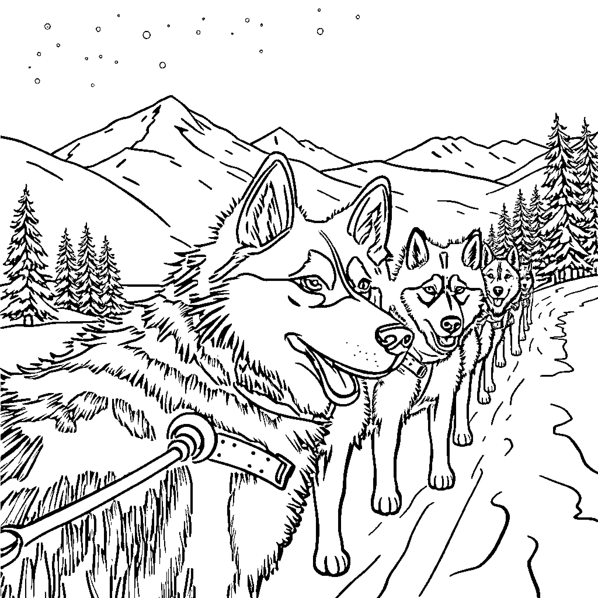 Husky sled dogs pulling a sled through snowy mountains Coloring Page (free black-and-white line drawing printable PDF for all, from beginners to advanced learners, including children, teens, adults, and seniors)