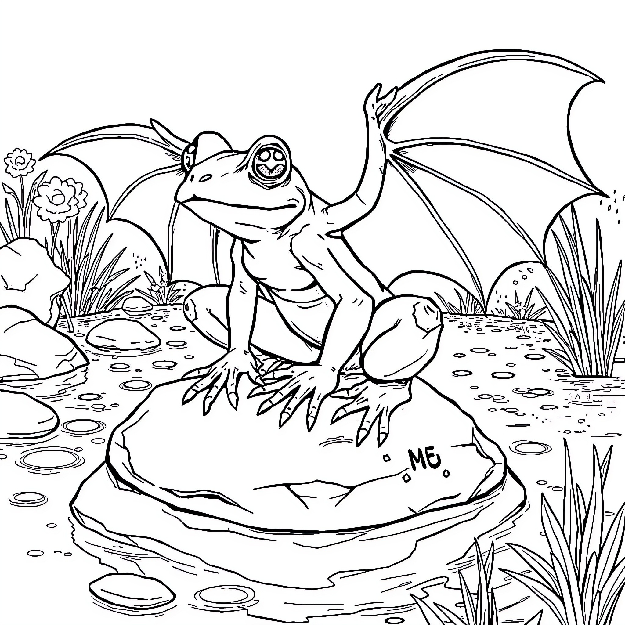 Frog-Bat enjoying nature on a rock Coloring Page (free black-and-white line drawing printable PDF for all, from beginners to advanced learners, including children, teens, adults, and seniors)