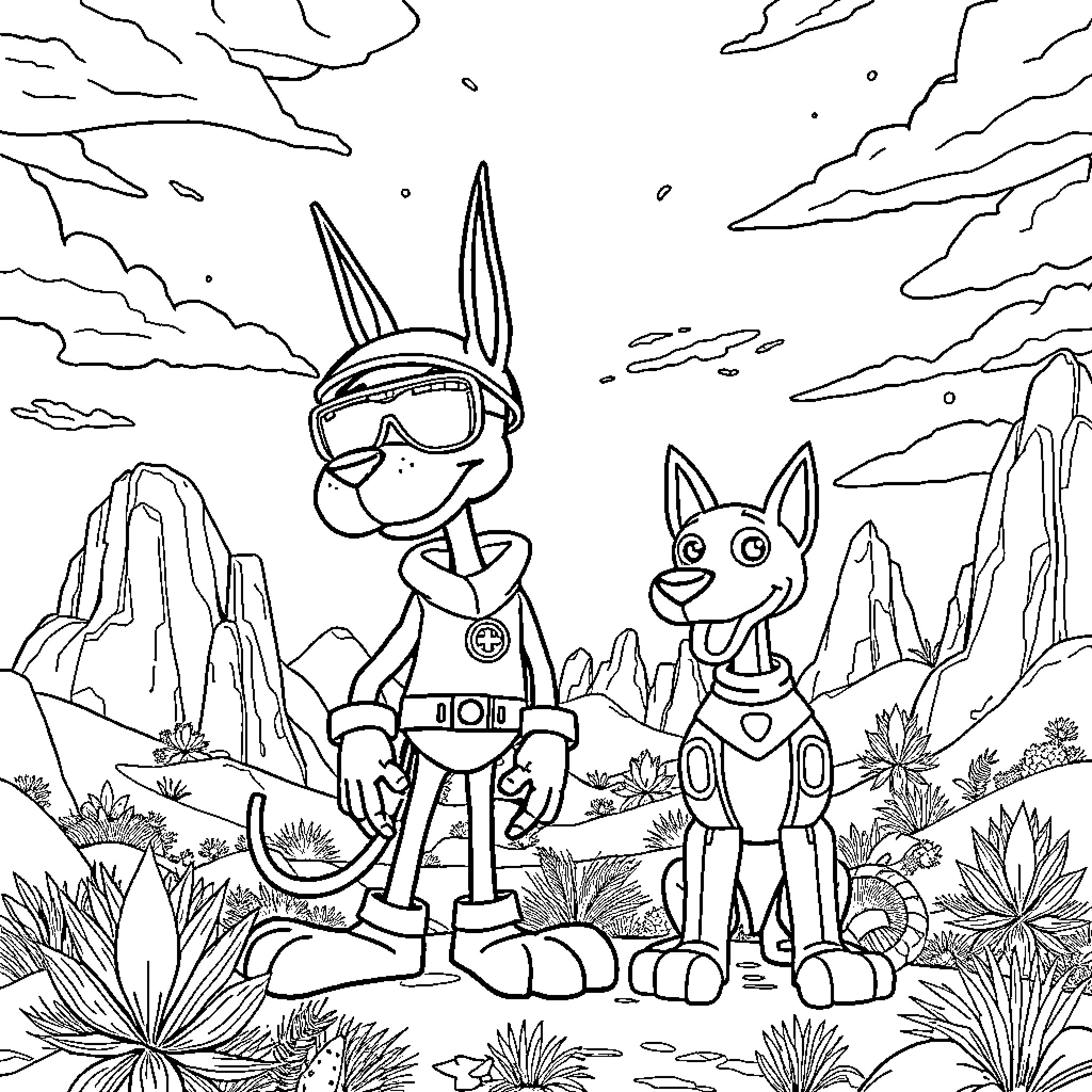Marvin the Rabbit and His Canine Companion in the Wilderness Coloring Page (free black-and-white line drawing printable PDF for all, from beginners to advanced learners, including children, teens, adults, and seniors)