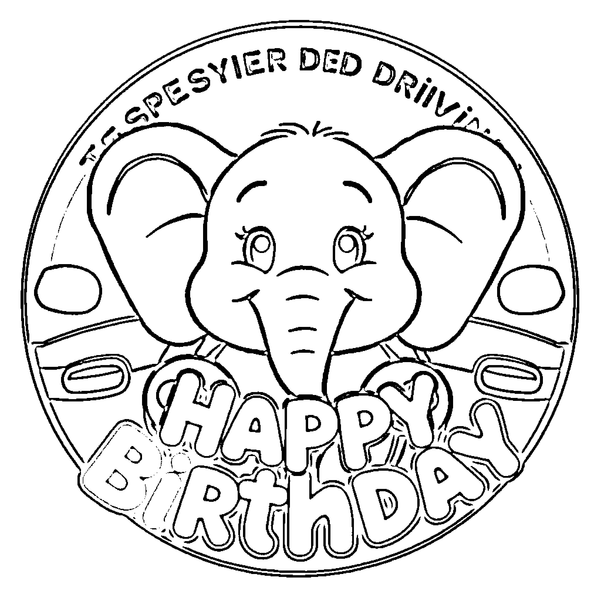 Logo of elephant driving happily on birthday Coloring Page (free black-and-white line drawing printable PDF for all, from beginners to advanced learners, including children, teens, adults, and seniors)