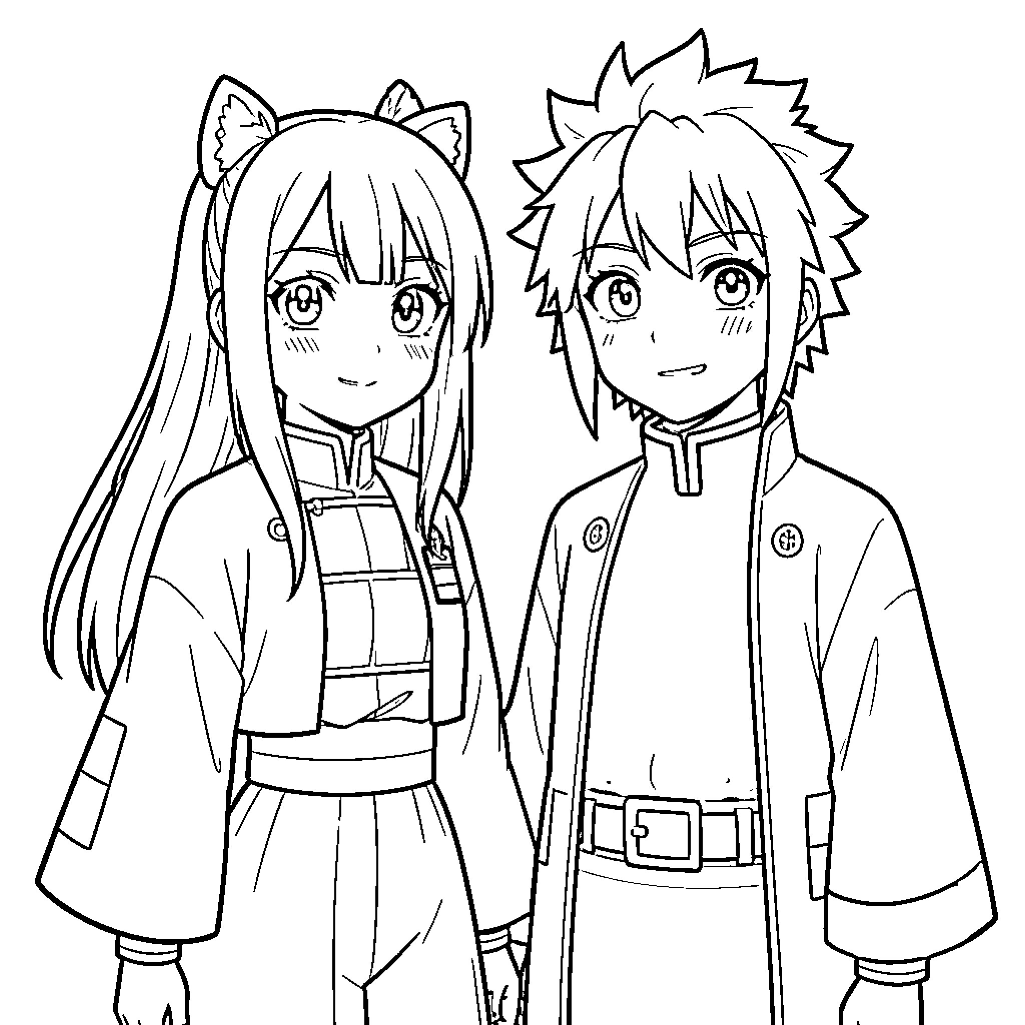 Nezuko and Tanjiro in anime-style outfits Coloring Page (free black-and-white line drawing printable PDF for all, from beginners to advanced learners, including children, teens, adults, and seniors)