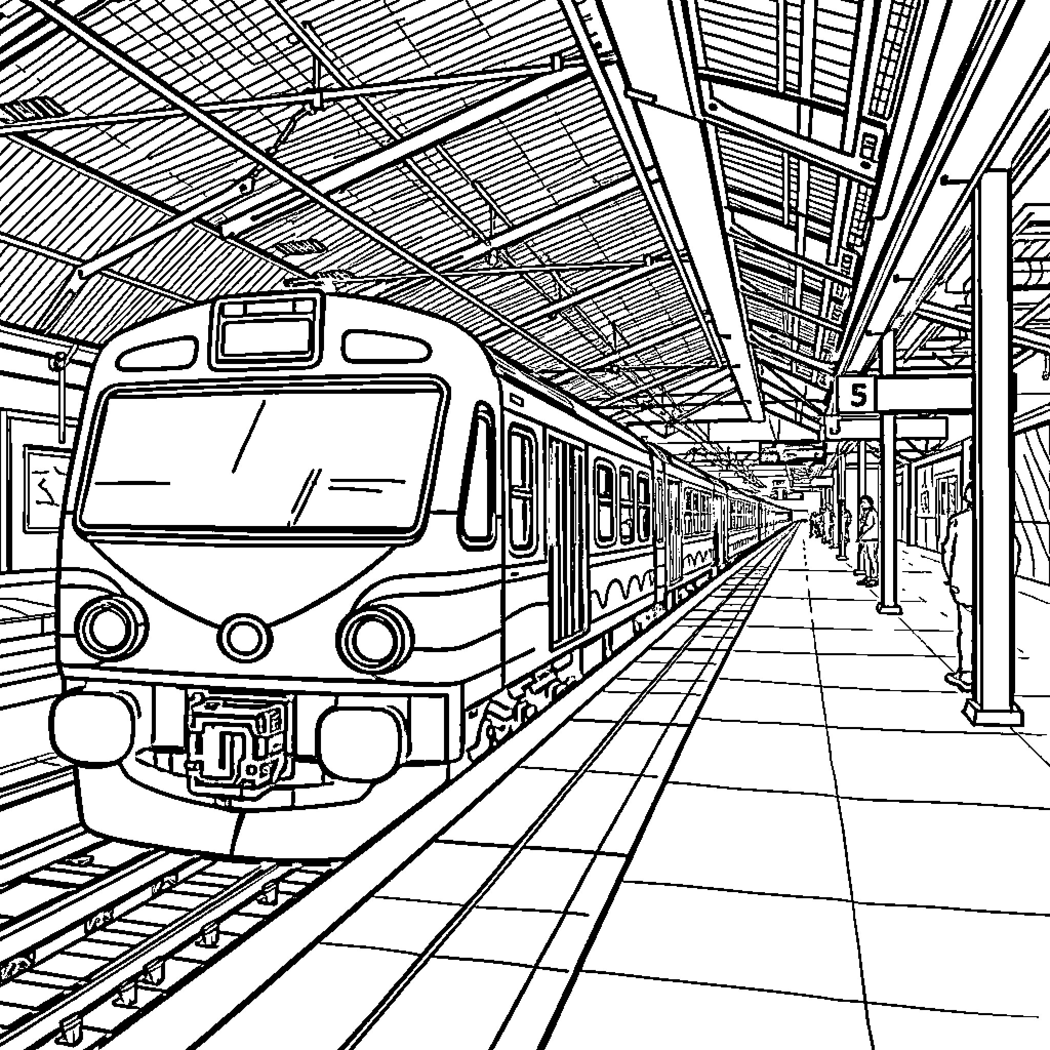 Train station with intricate architecture and passenger train Coloring Page (free black-and-white line drawing printable PDF for all, from beginners to advanced learners, including children, teens, adults, and seniors)