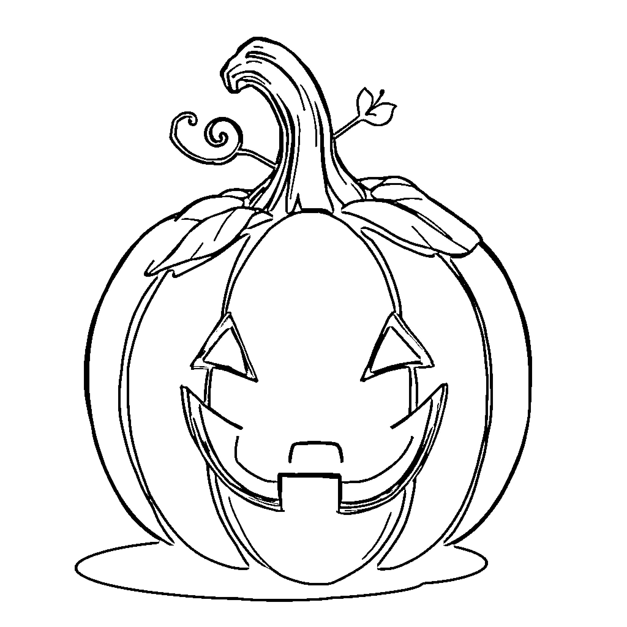 Pumpkin with carved face and curly stem Coloring Page (free black-and-white line drawing printable PDF for all, from beginners to advanced learners, including children, teens, adults, and seniors)