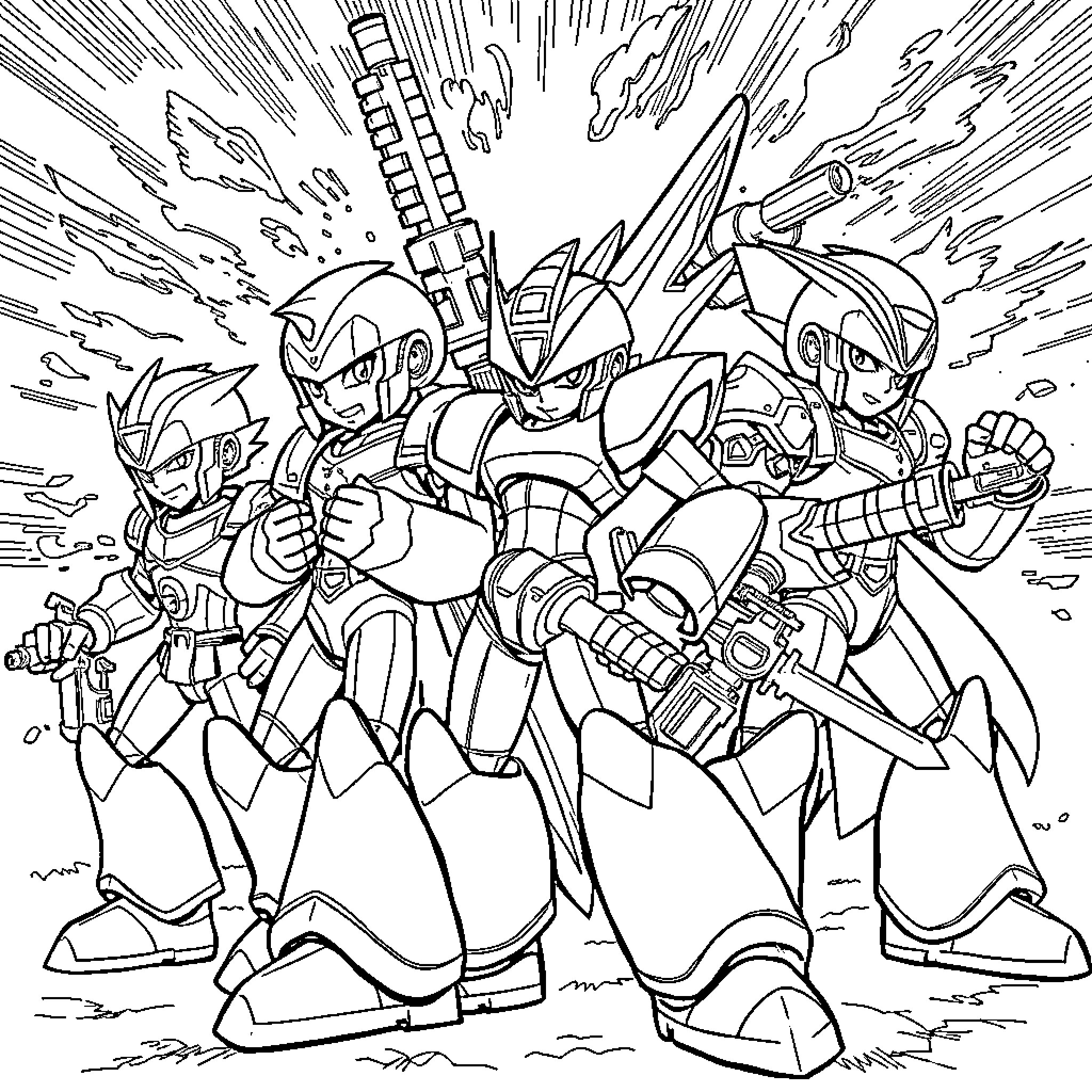 Final Fantasy 7 Iconic Heroes in Heroic Pose Coloring Page (free black-and-white line drawing printable PDF for all, from beginners to advanced learners, including children, teens, adults, and seniors)