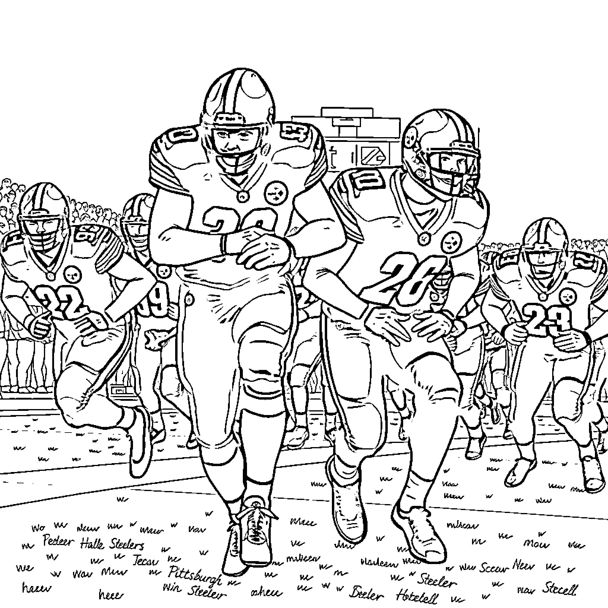 Pittsburgh Steelers players in action on the field Coloring Page (free black-and-white line drawing printable PDF for all, from beginners to advanced learners, including children, teens, adults, and seniors)