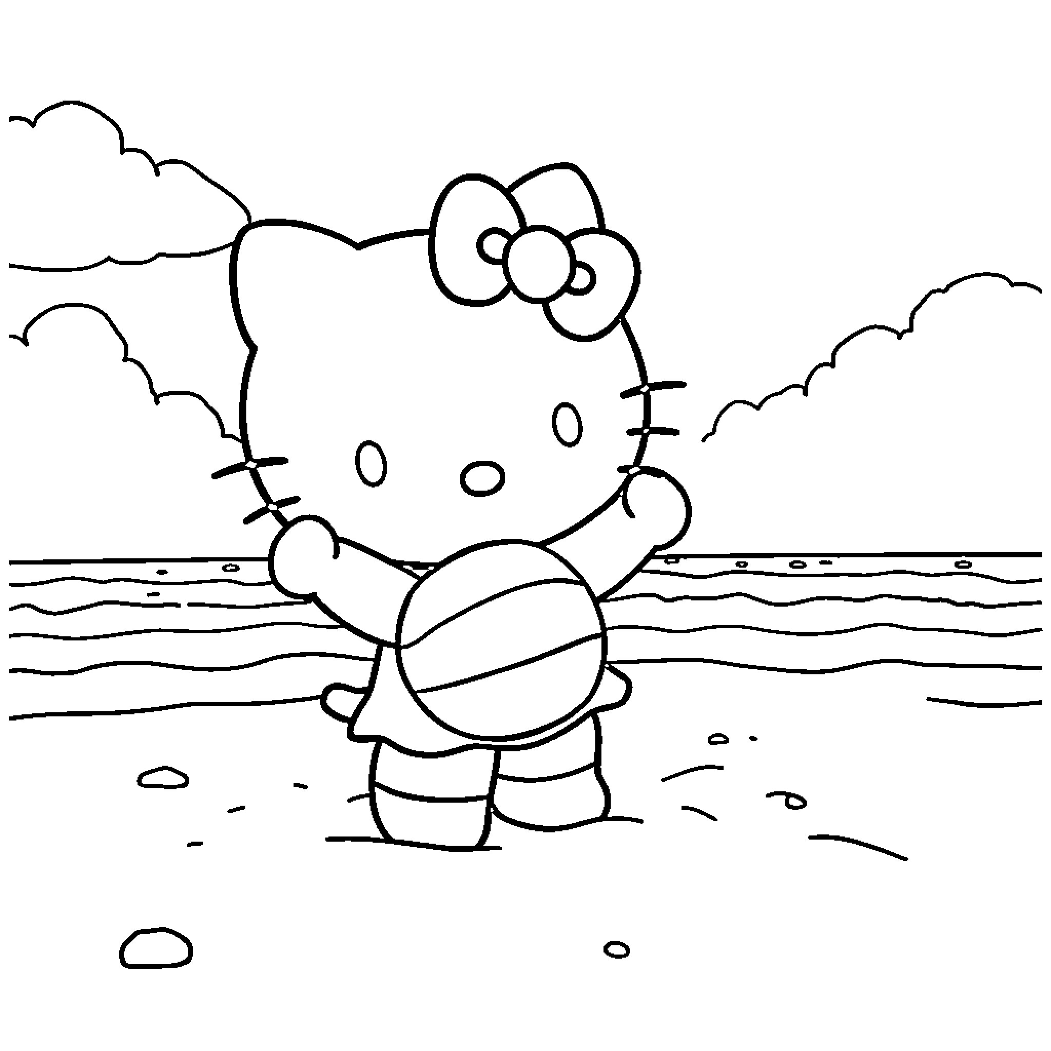 Hello Kitty playing on the beach Coloring Page (free black-and-white line drawing printable PDF for all, from beginners to advanced learners, including children, teens, adults, and seniors)