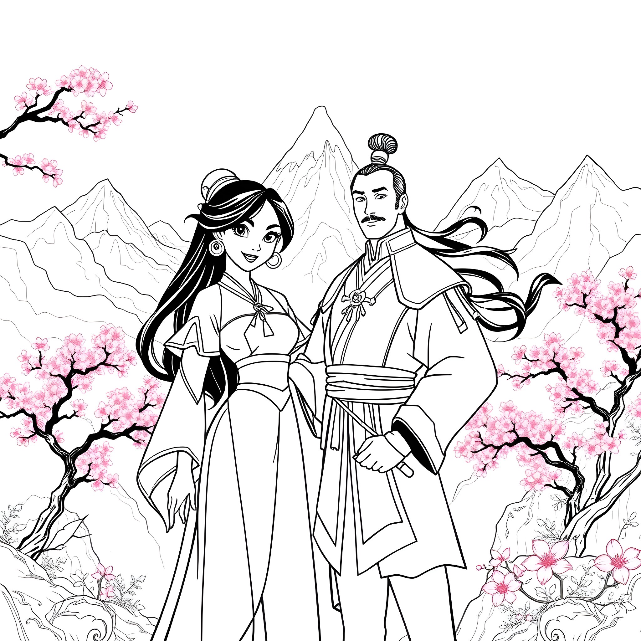 Mulan and her warrior companion in traditional Chinese attire Coloring Page (free black-and-white line drawing printable PDF for all, from beginners to advanced learners, including children, teens, adults, and seniors)