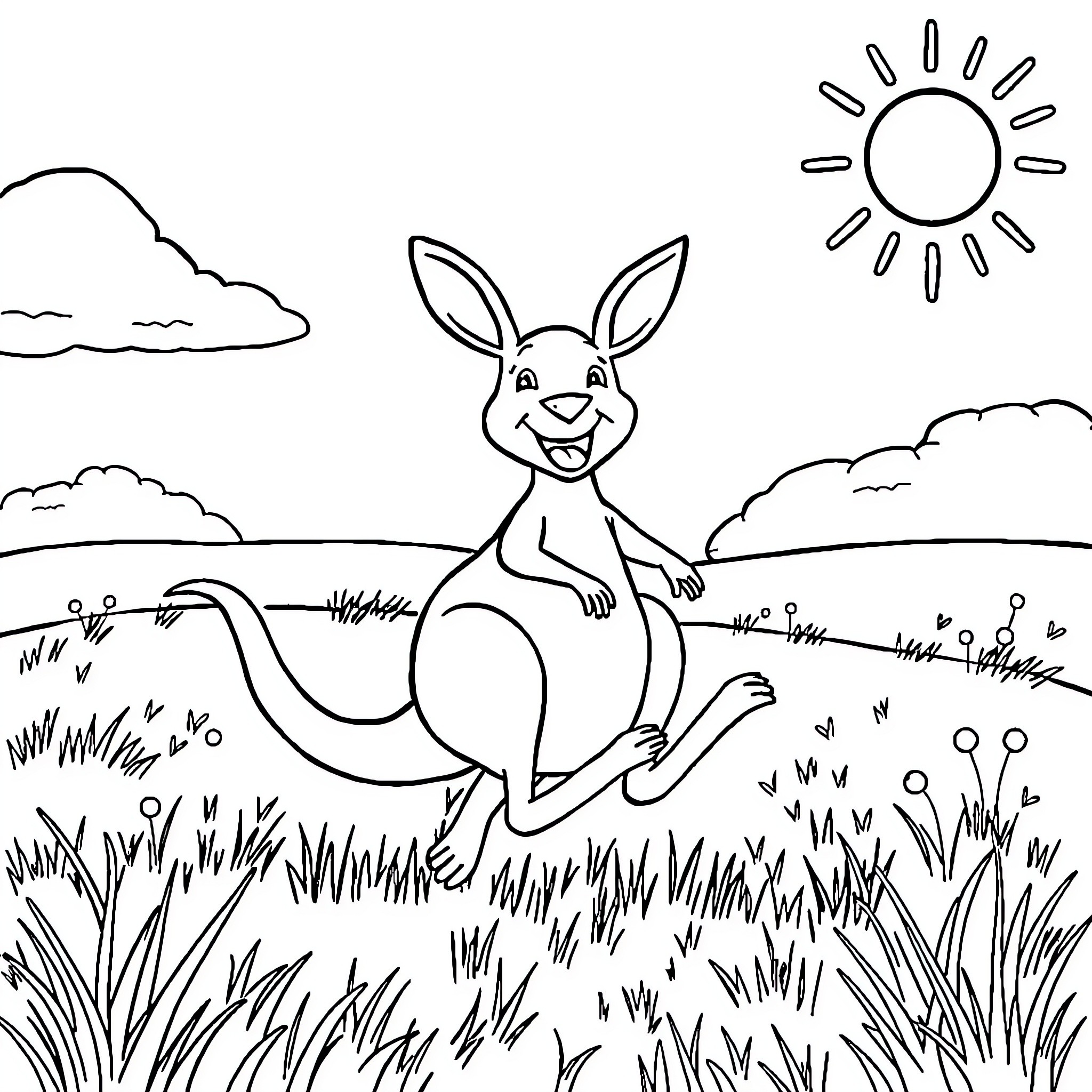 Kangaroo enjoying a sunny day in the meadow Coloring Page (free black-and-white line drawing printable PDF for all, from beginners to advanced learners, including children, teens, adults, and seniors)