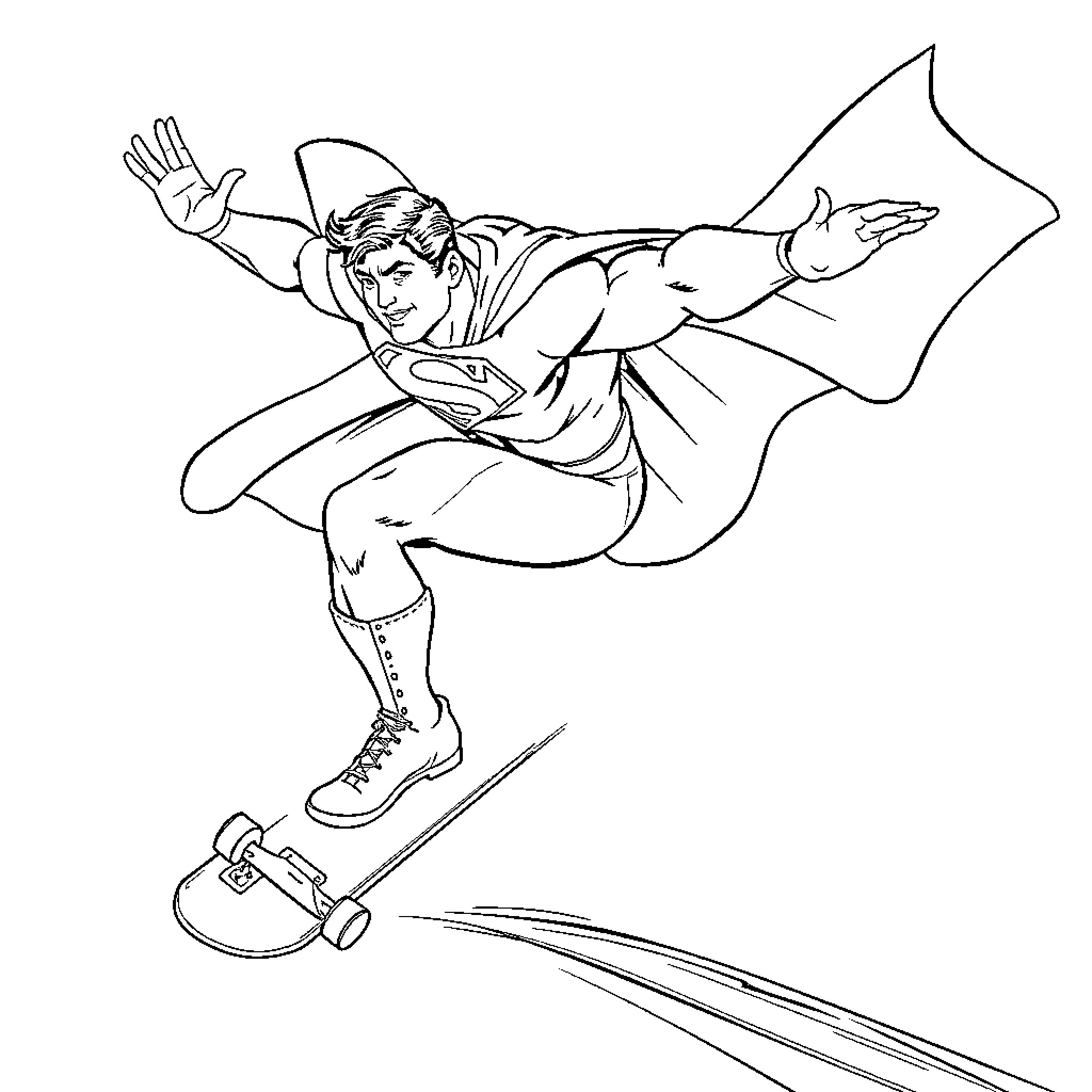 Superman soaring through the air on a skateboard Coloring Page (free black-and-white line drawing printable PDF for all, from beginners to advanced learners, including children, teens, adults, and seniors)