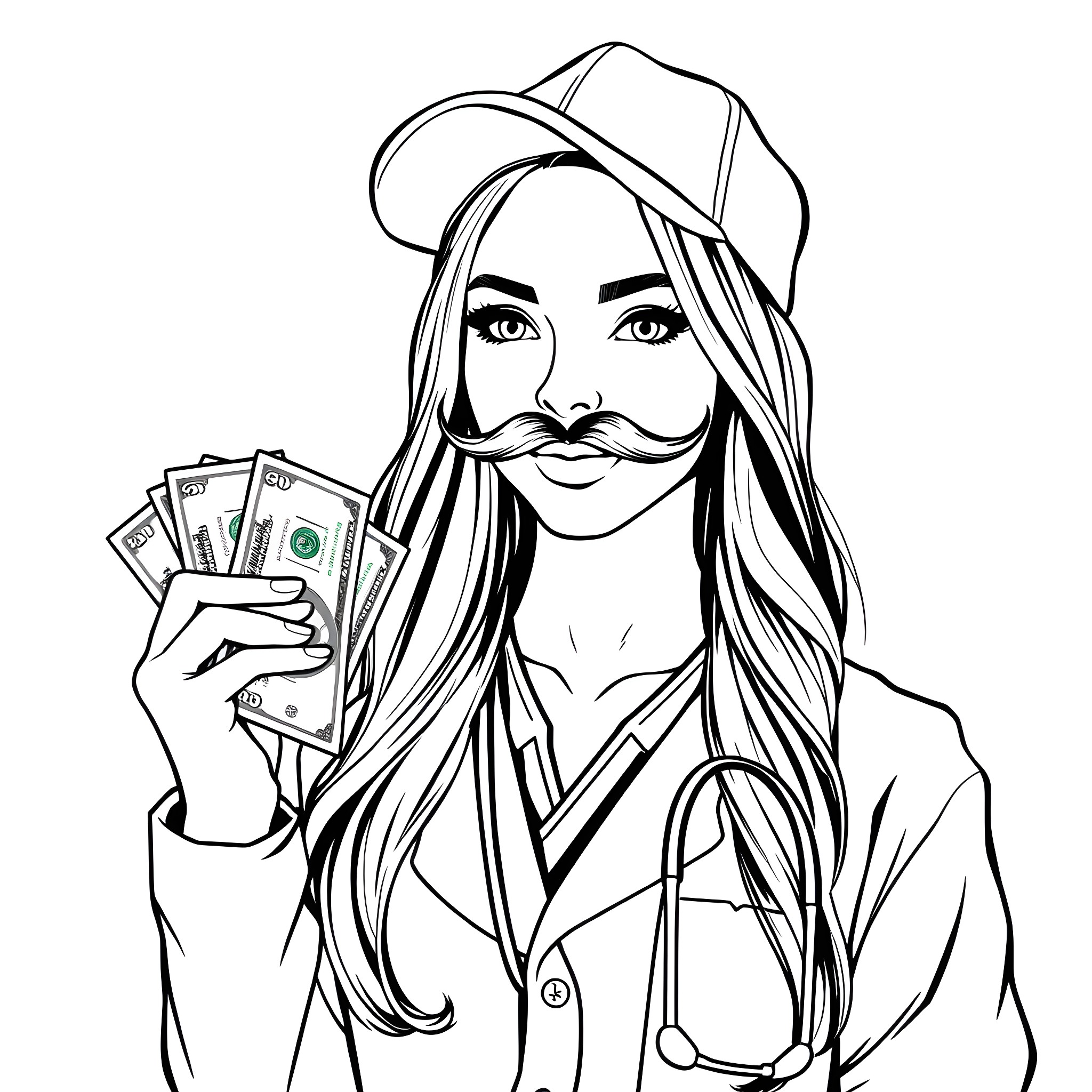 Woman holding money and wearing a hat Coloring Page (free black-and-white line drawing printable PDF for all, from beginners to advanced learners, including children, teens, adults, and seniors)