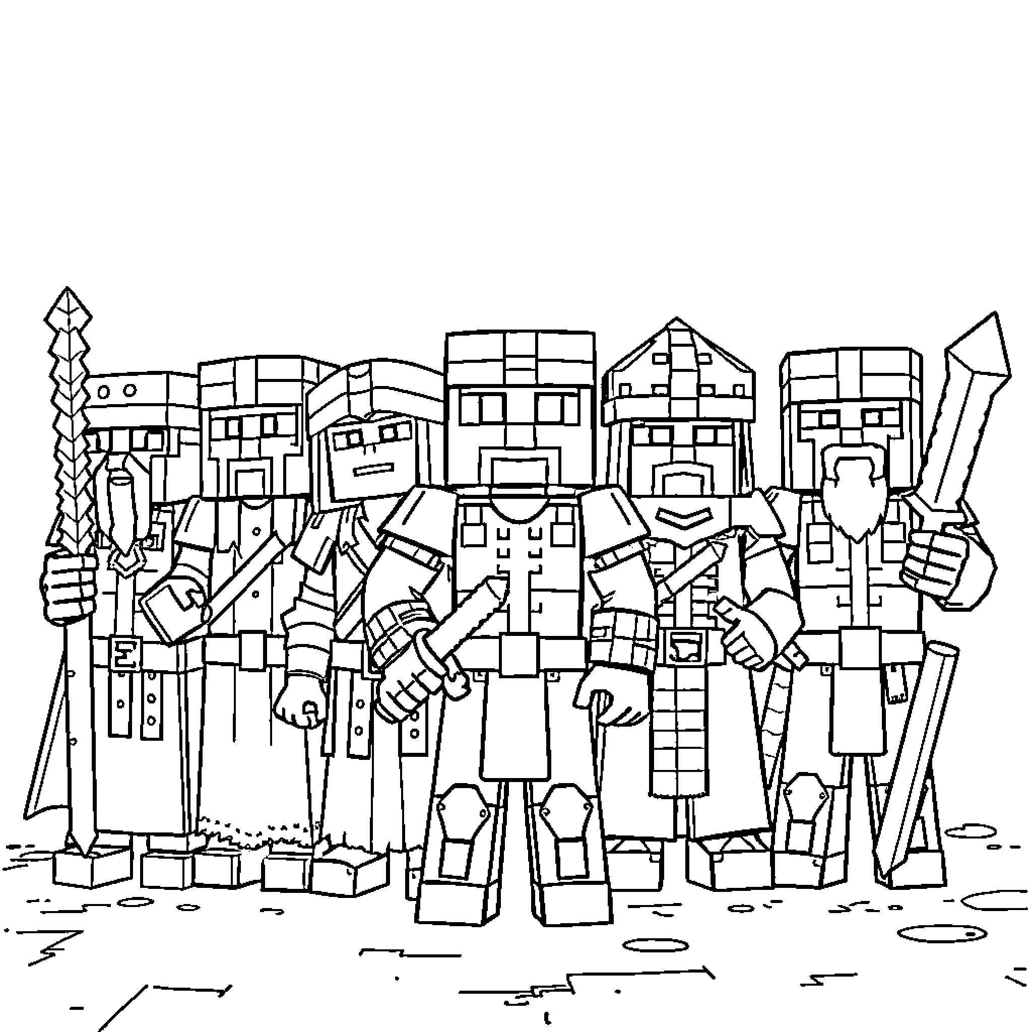 Warden and group of blocky characters in medieval garb Coloring Page (free black-and-white line drawing printable PDF for all, from beginners to advanced learners, including children, teens, adults, and seniors)
