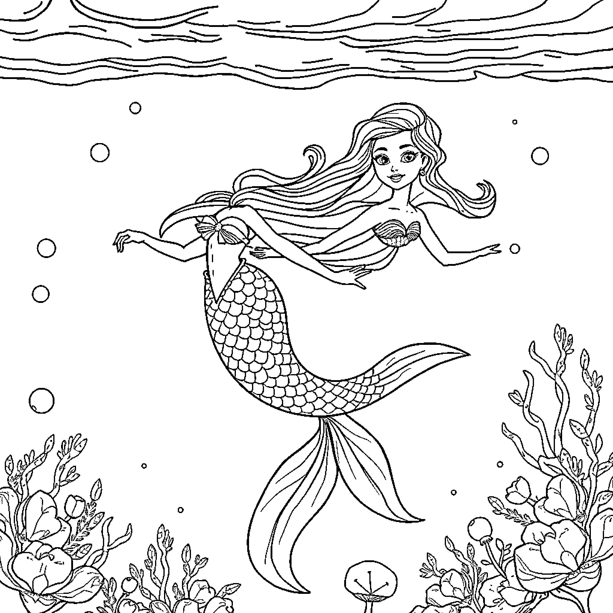 Mermaid swimming gracefully amidst underwater flora Coloring Page (free black-and-white line drawing printable PDF for all, from beginners to advanced learners, including children, teens, adults, and seniors)