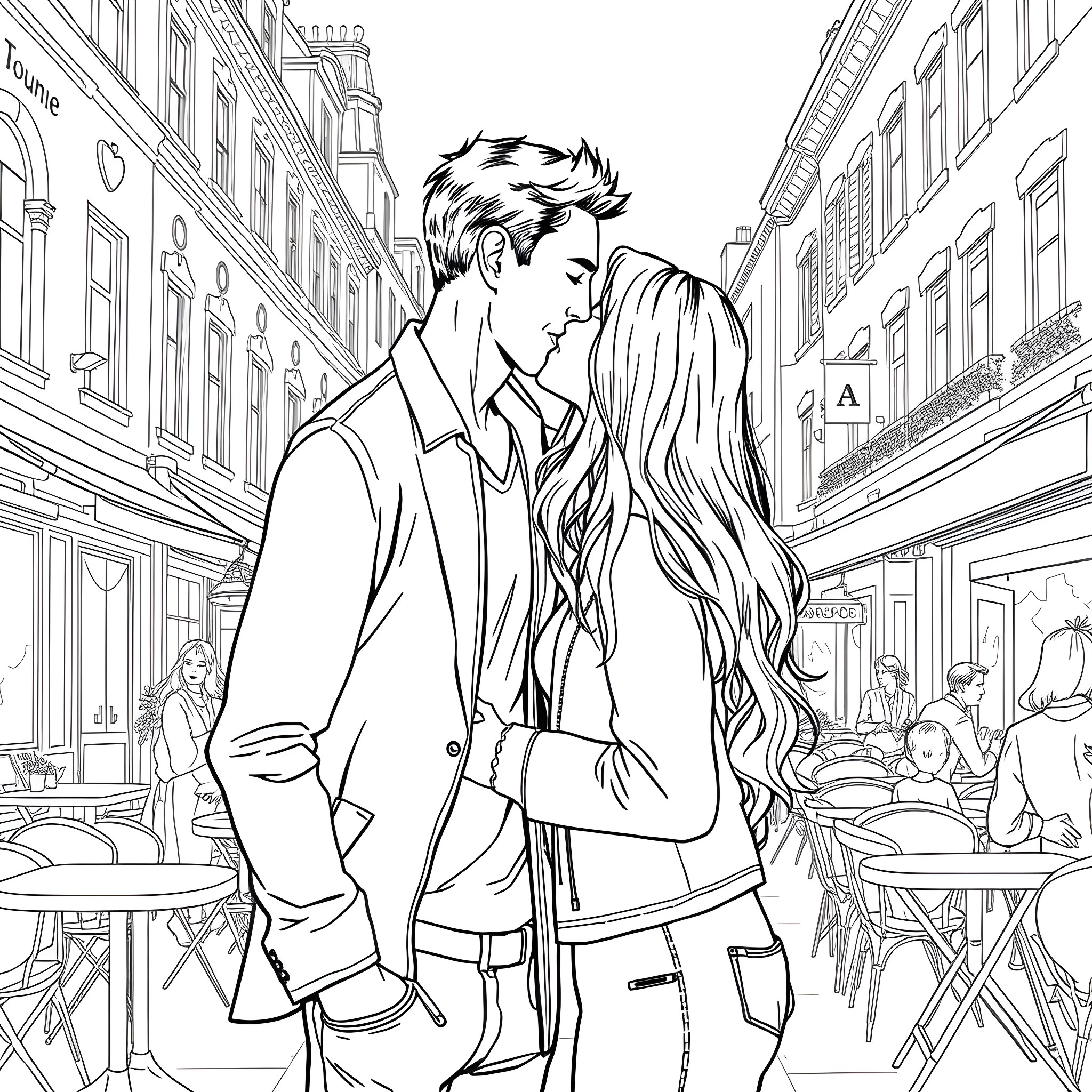 Man and woman sharing intimate moment in city street Coloring Page (free black-and-white line drawing printable PDF for all, from beginners to advanced learners, including children, teens, adults, and seniors)